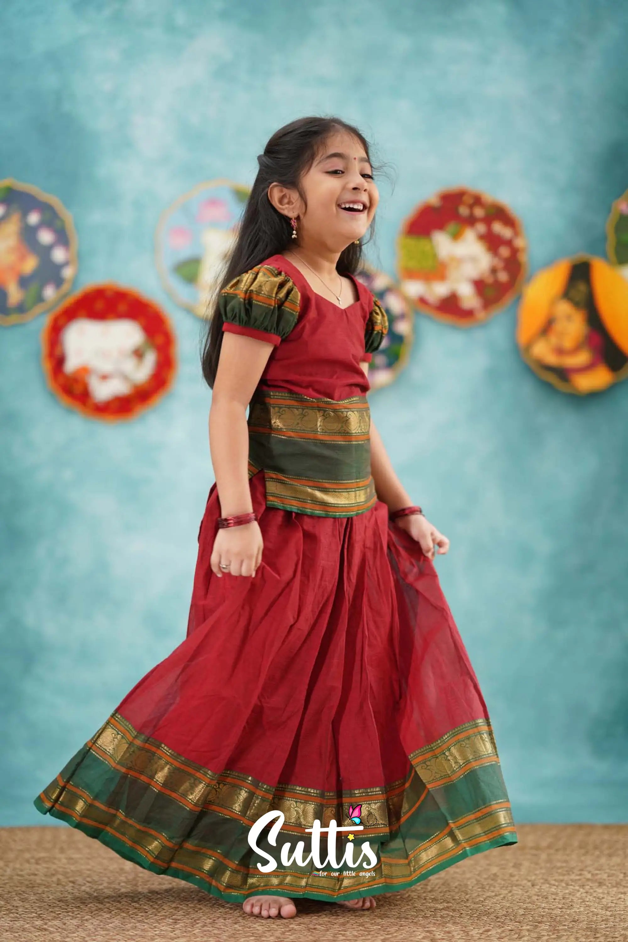 Padmaja - Red And Dark Green Cotton Pavadai Sattai Kids-Suttis