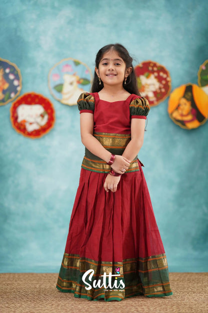 Padmaja - Red And Dark Green Cotton Pavadai Sattai Kids-Suttis