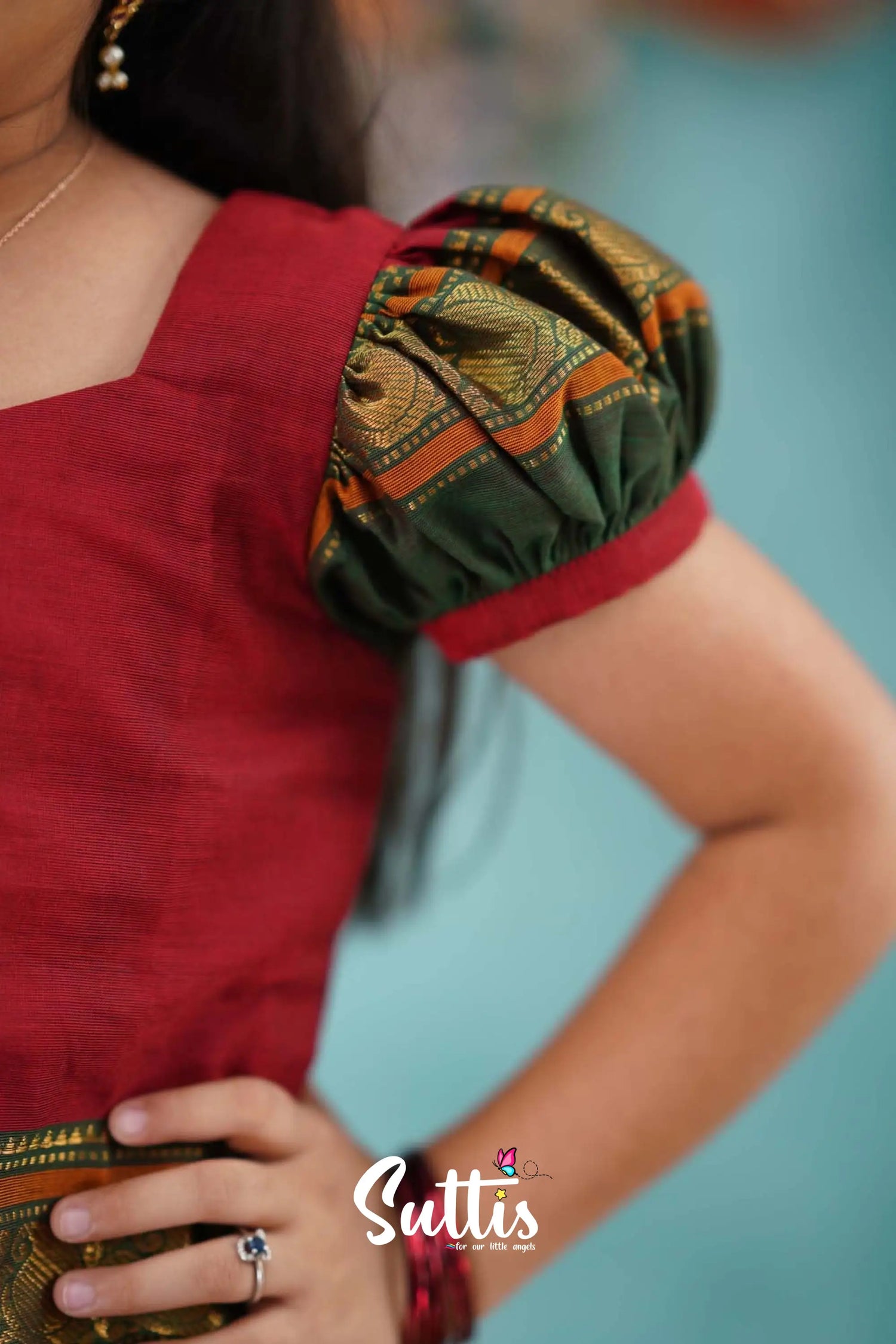 Padmaja - Red And Dark Green Cotton Pavadai Sattai Kids-Suttis