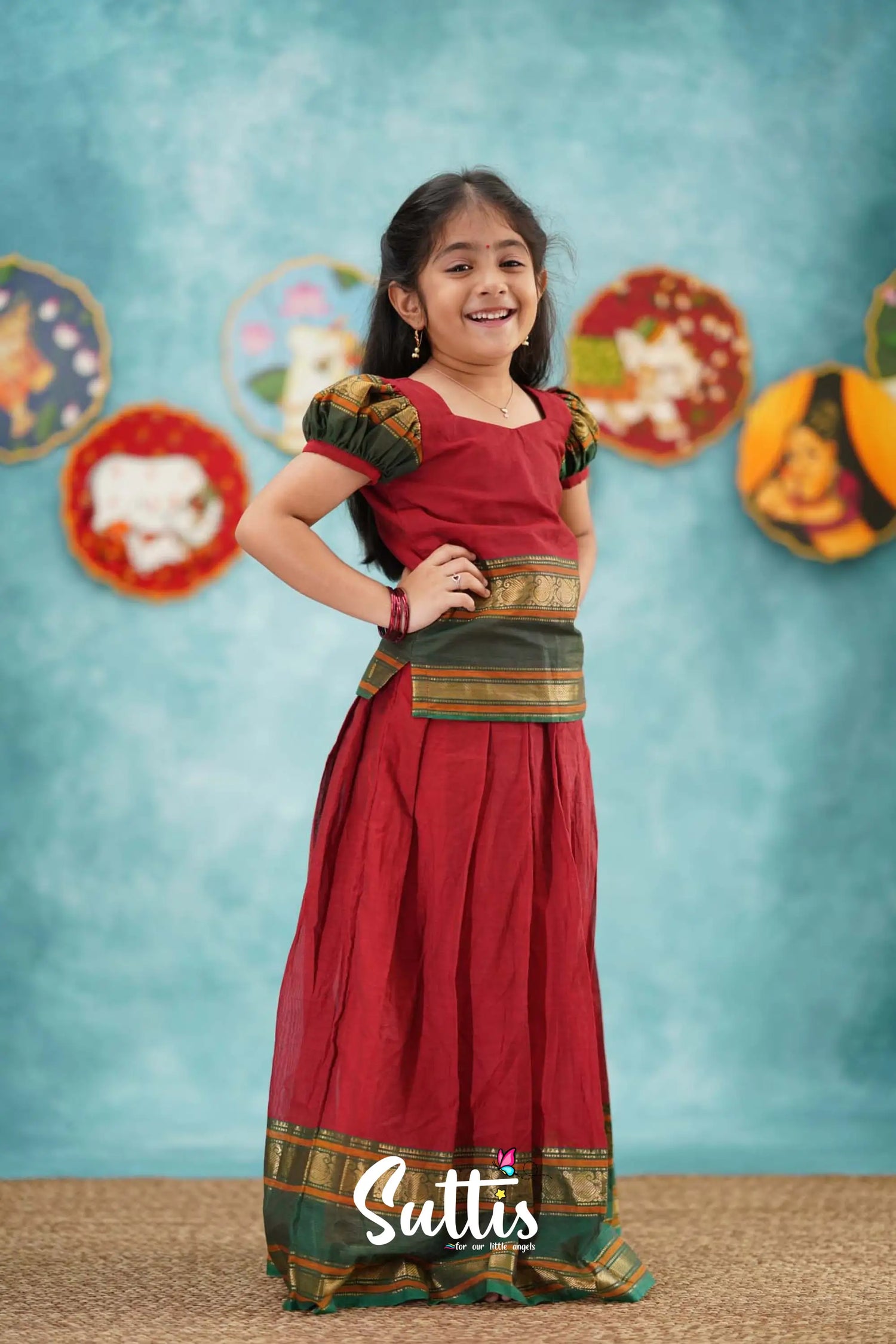 Padmaja - Red And Dark Green Cotton Pavadai Sattai Kids-Suttis