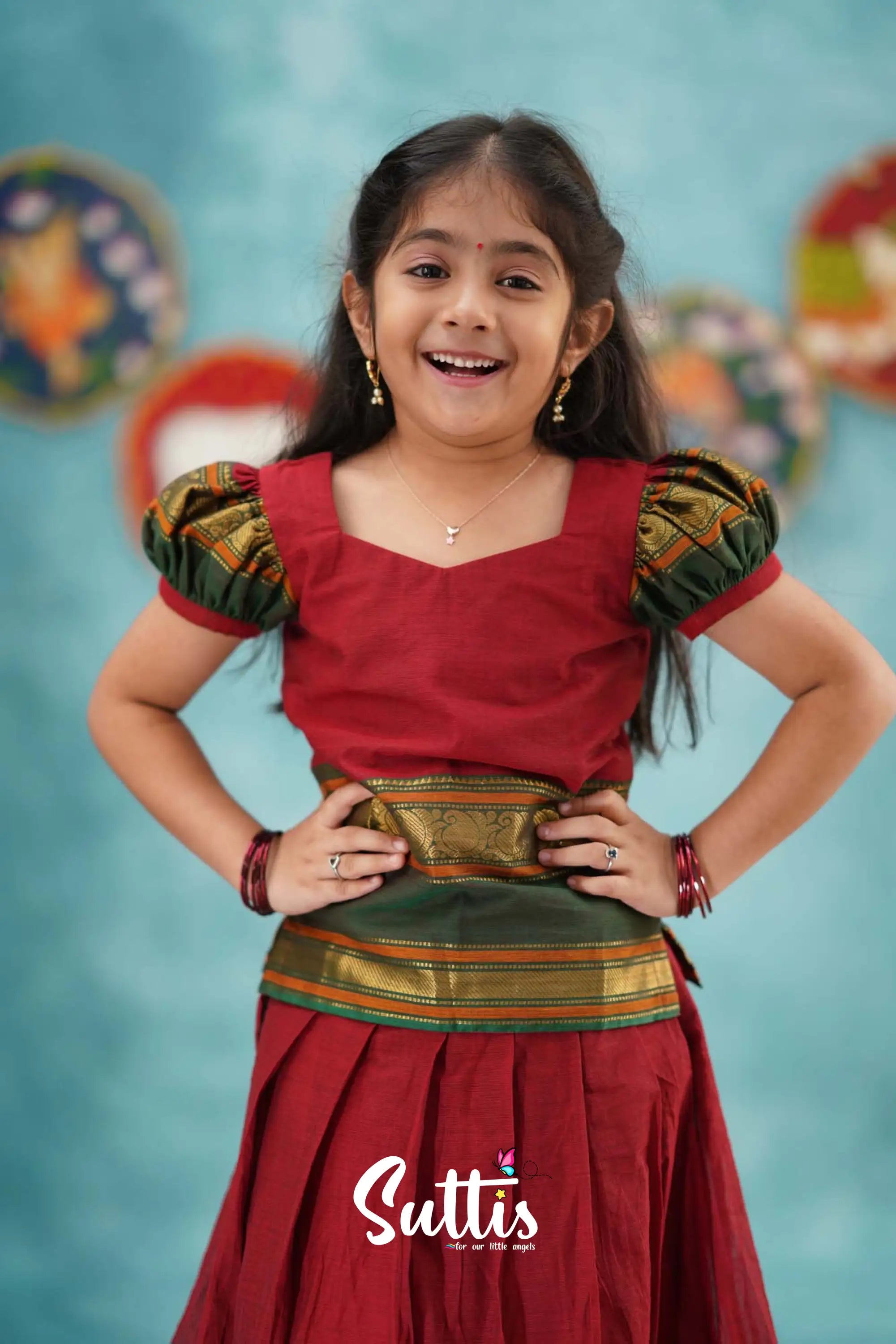 Padmaja - Red And Dark Green Cotton Pavadai Sattai Kids-Suttis