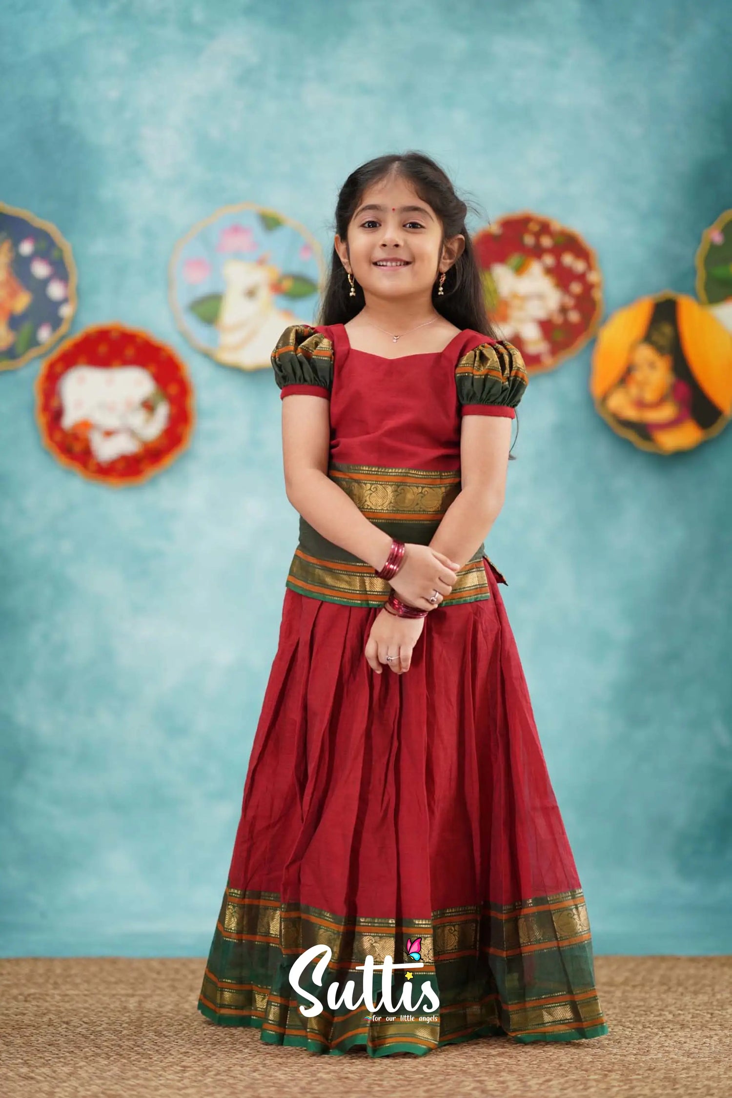 Padmaja - Red And Dark Green Cotton Pavadai Sattai Kids-Suttis