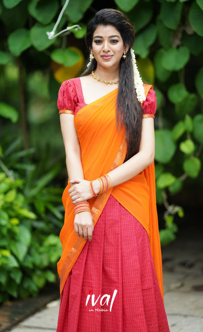 Padmaja- Red And Mustard Orange Cotton Halfsaree Half Sarees