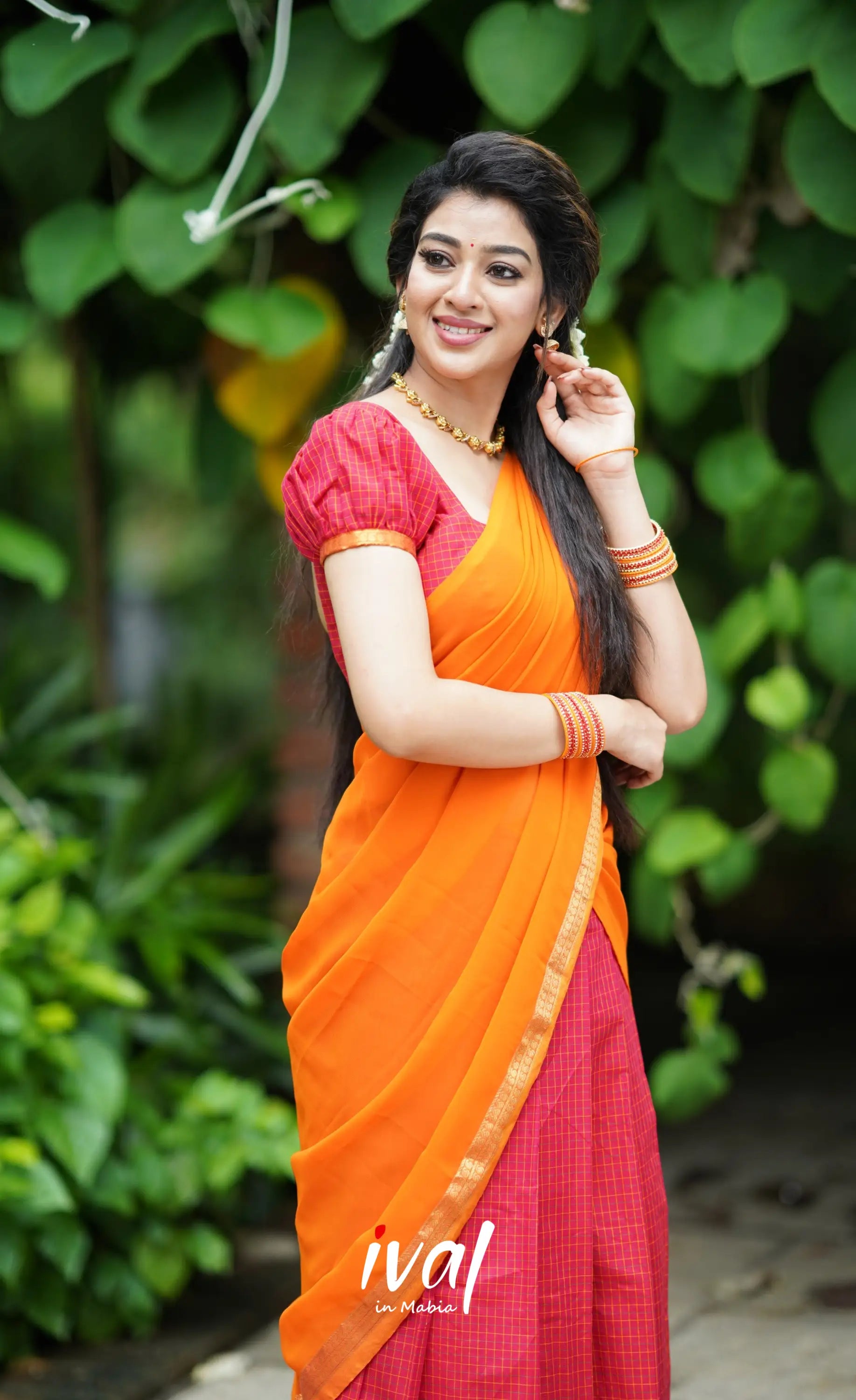 Padmaja- Red And Mustard Orange Cotton Halfsaree Half Sarees