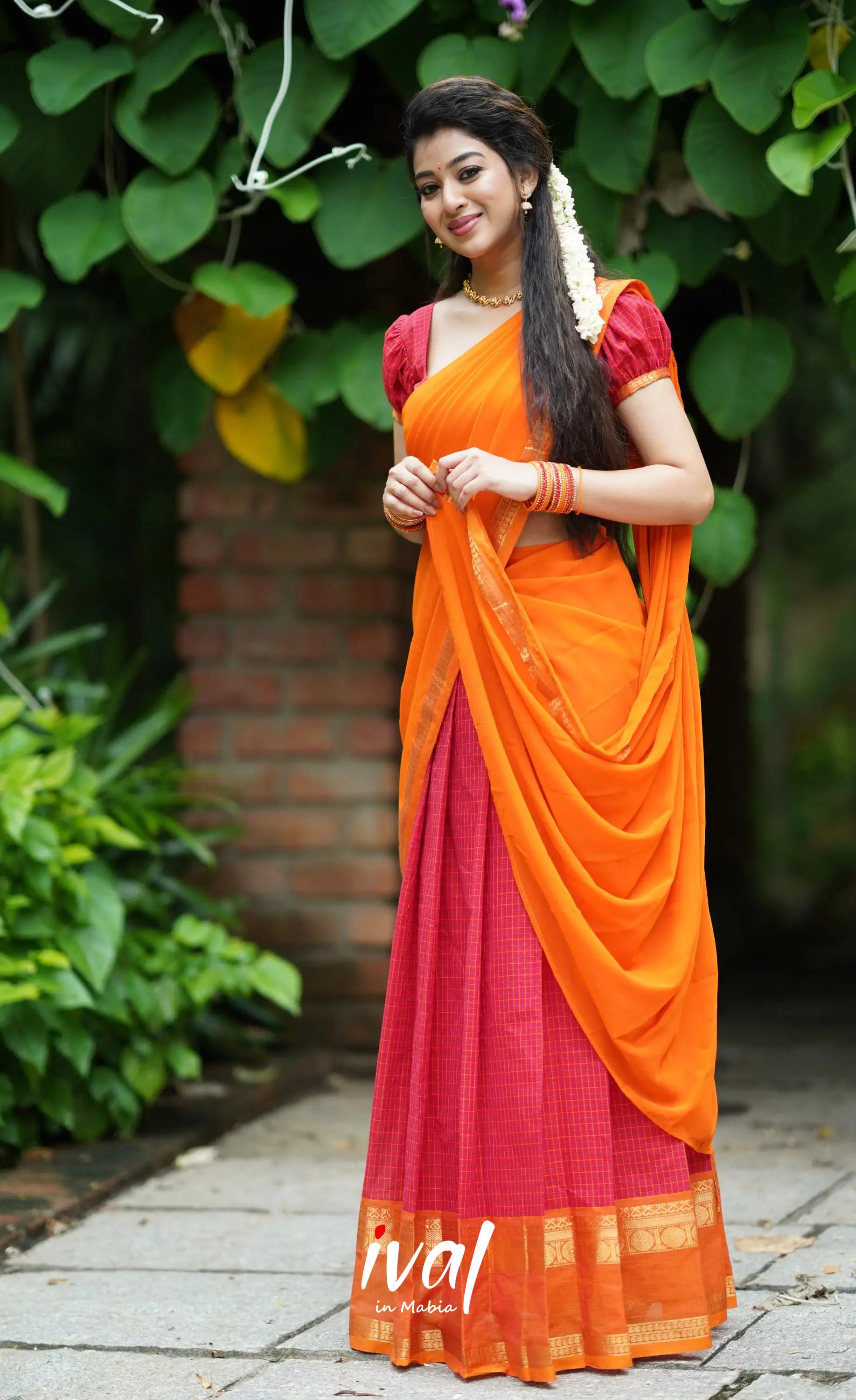 Padmaja- Red And Mustard Orange Cotton Halfsaree Half Sarees