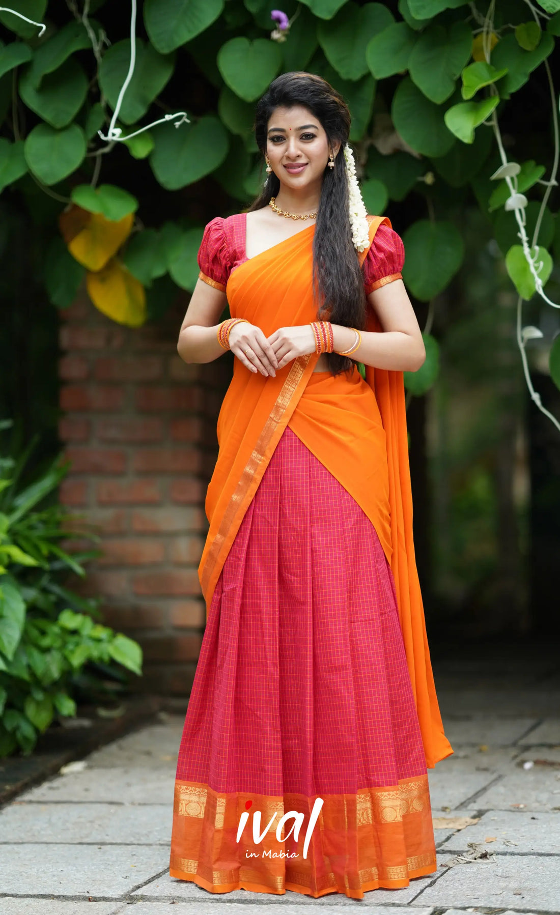 Padmaja- Red And Mustard Orange Cotton Halfsaree Half Sarees