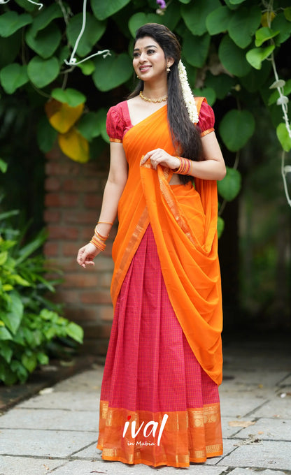 Padmaja- Red And Mustard Orange Cotton Halfsaree Half Sarees