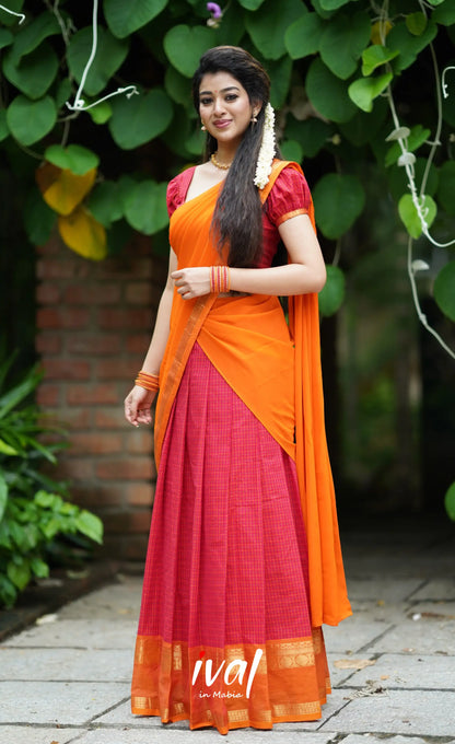 Padmaja- Red And Mustard Orange Cotton Halfsaree Half Sarees