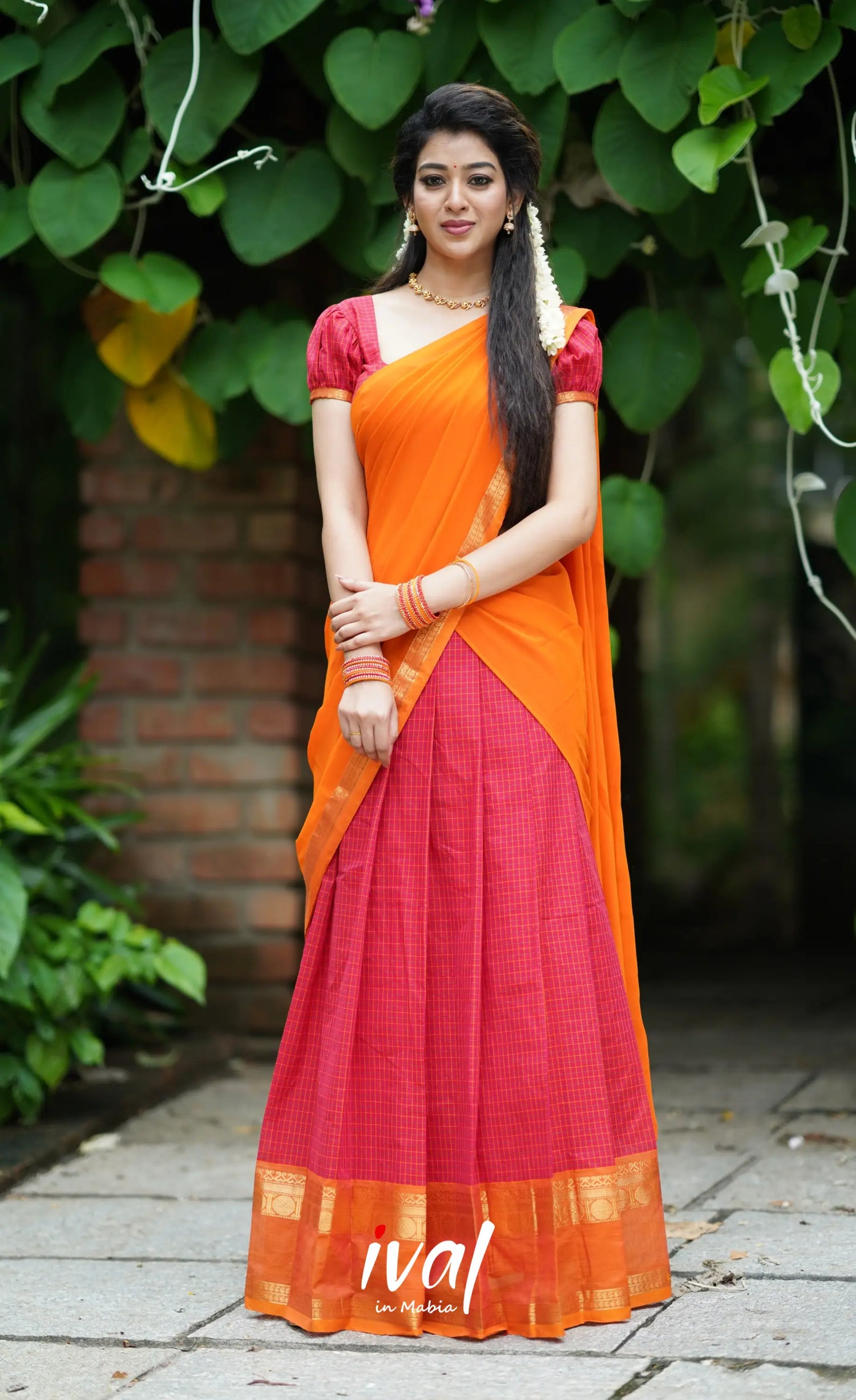 Padmaja- Red And Mustard Orange Cotton Halfsaree Half Sarees