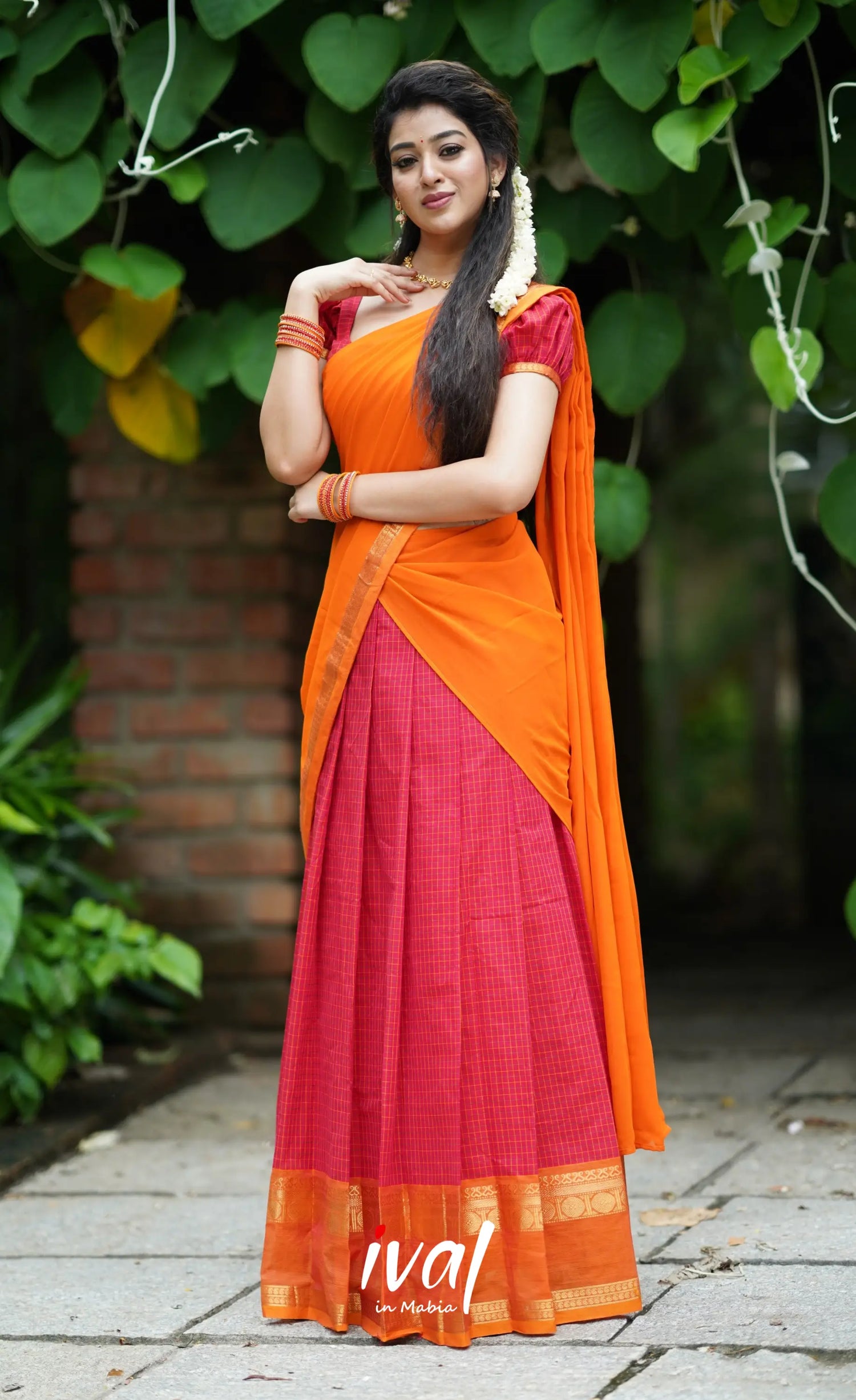 Padmaja- Red And Mustard Orange Cotton Halfsaree Half Sarees