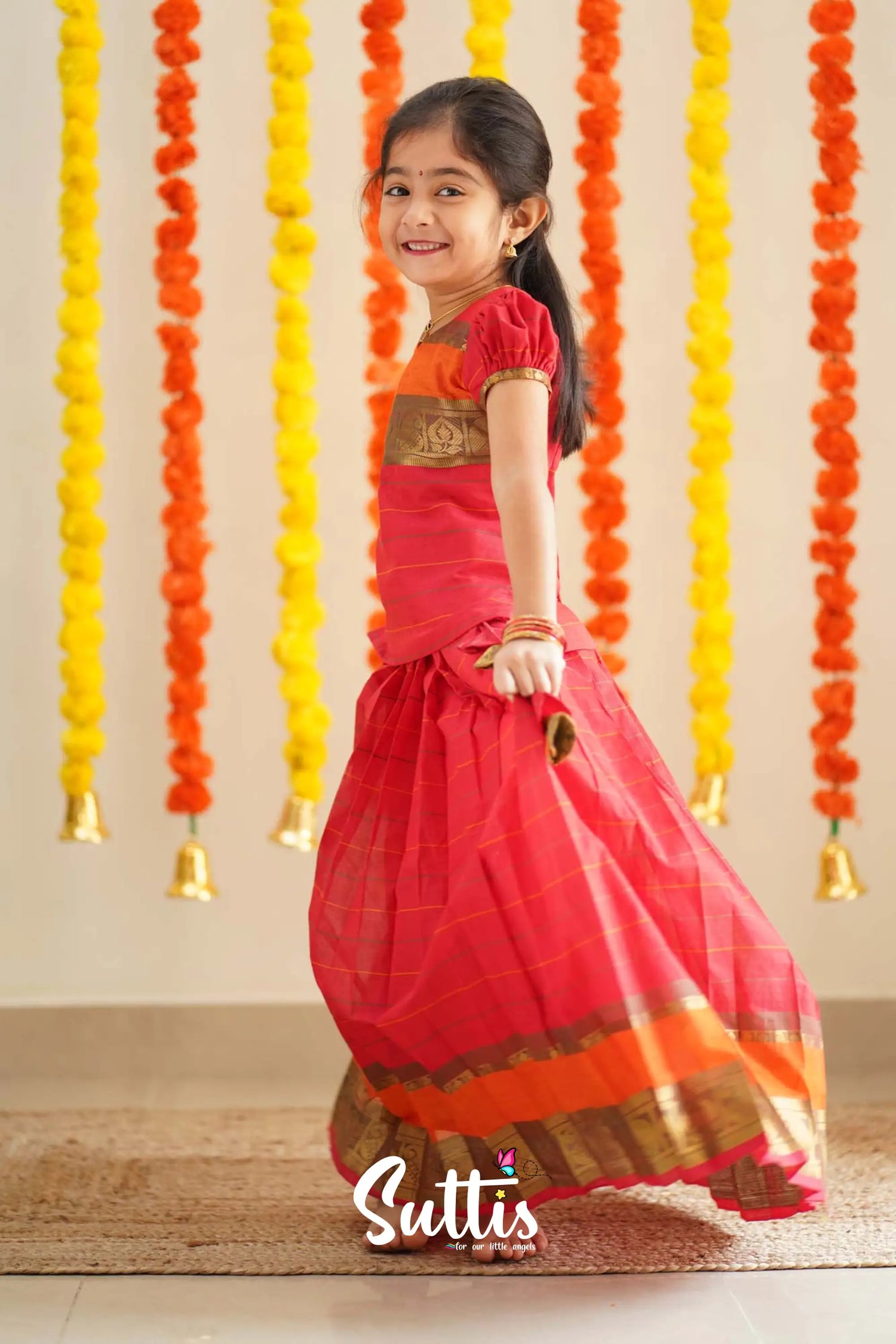 Padmaja - Red And Orange Handloom Cotton Pavadai Sattai Kids-Suttis