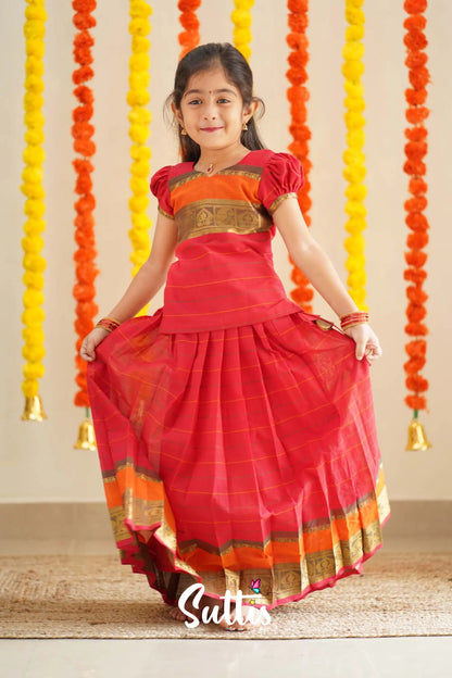 Padmaja - Red And Orange Handloom Cotton Pavadai Sattai Kids-Suttis