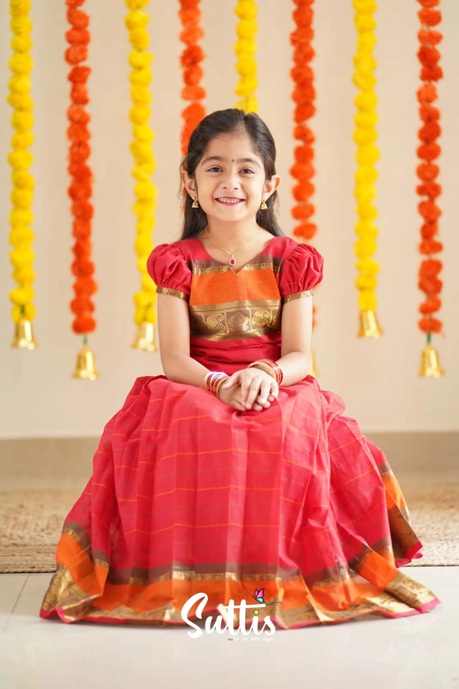 Padmaja - Red And Orange Handloom Cotton Pavadai Sattai Kids-Suttis