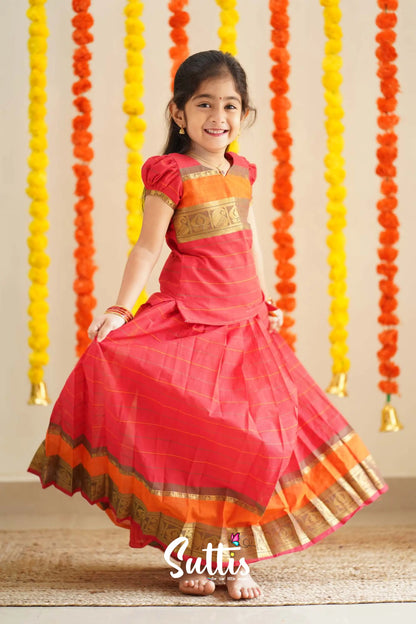 Padmaja - Red And Orange Handloom Cotton Pavadai Sattai Kids-Suttis