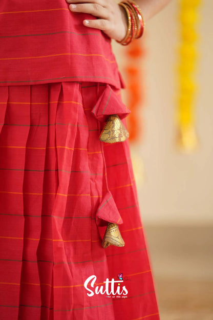 Padmaja - Red And Orange Handloom Cotton Pavadai Sattai Kids-Suttis