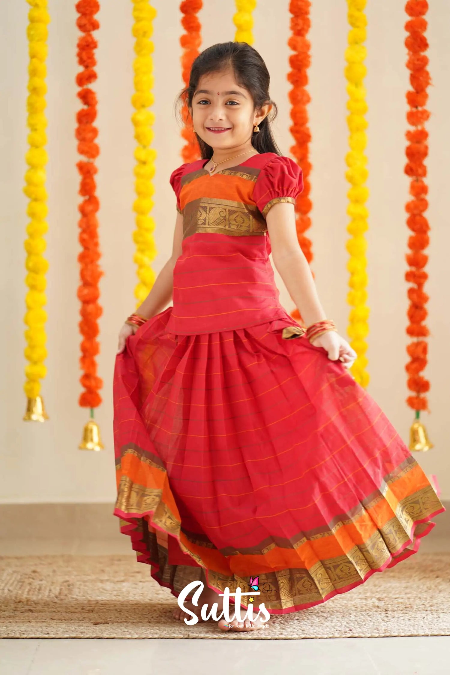 Padmaja - Red And Orange Handloom Cotton Pavadai Sattai Kids-Suttis