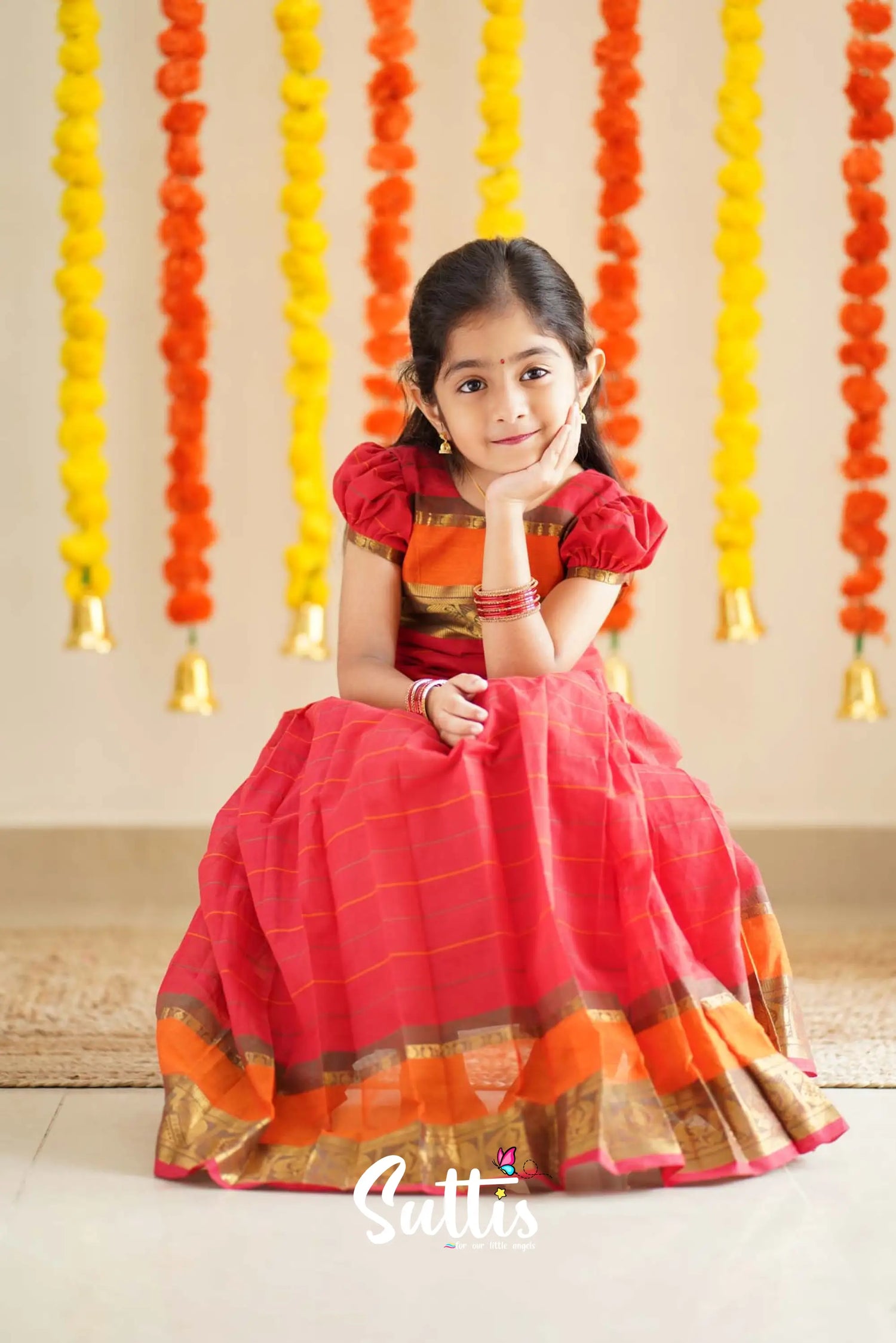 Padmaja - Red And Orange Handloom Cotton Pavadai Sattai Kids-Suttis