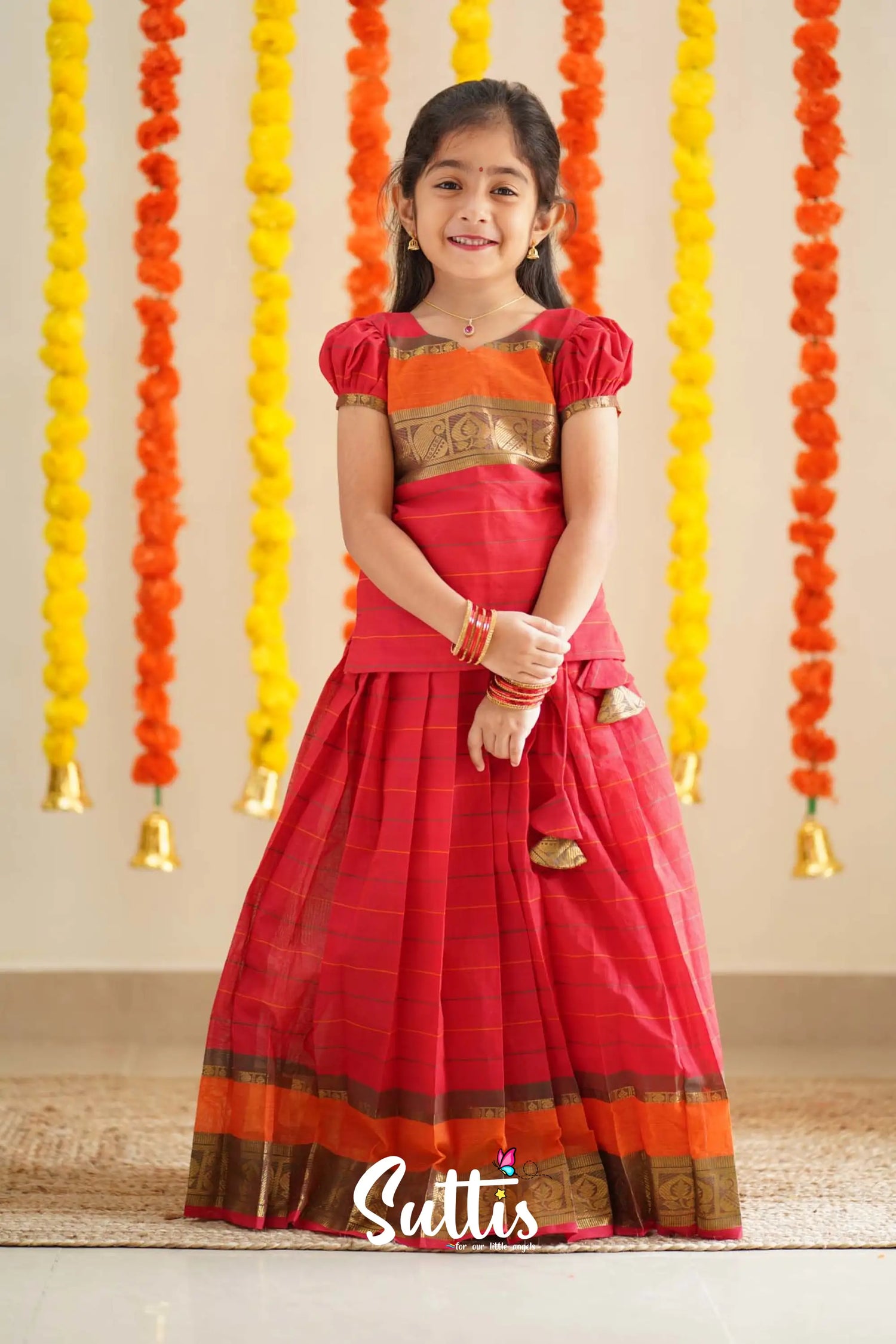 Padmaja - Red And Orange Handloom Cotton Pavadai Sattai Kids-Suttis