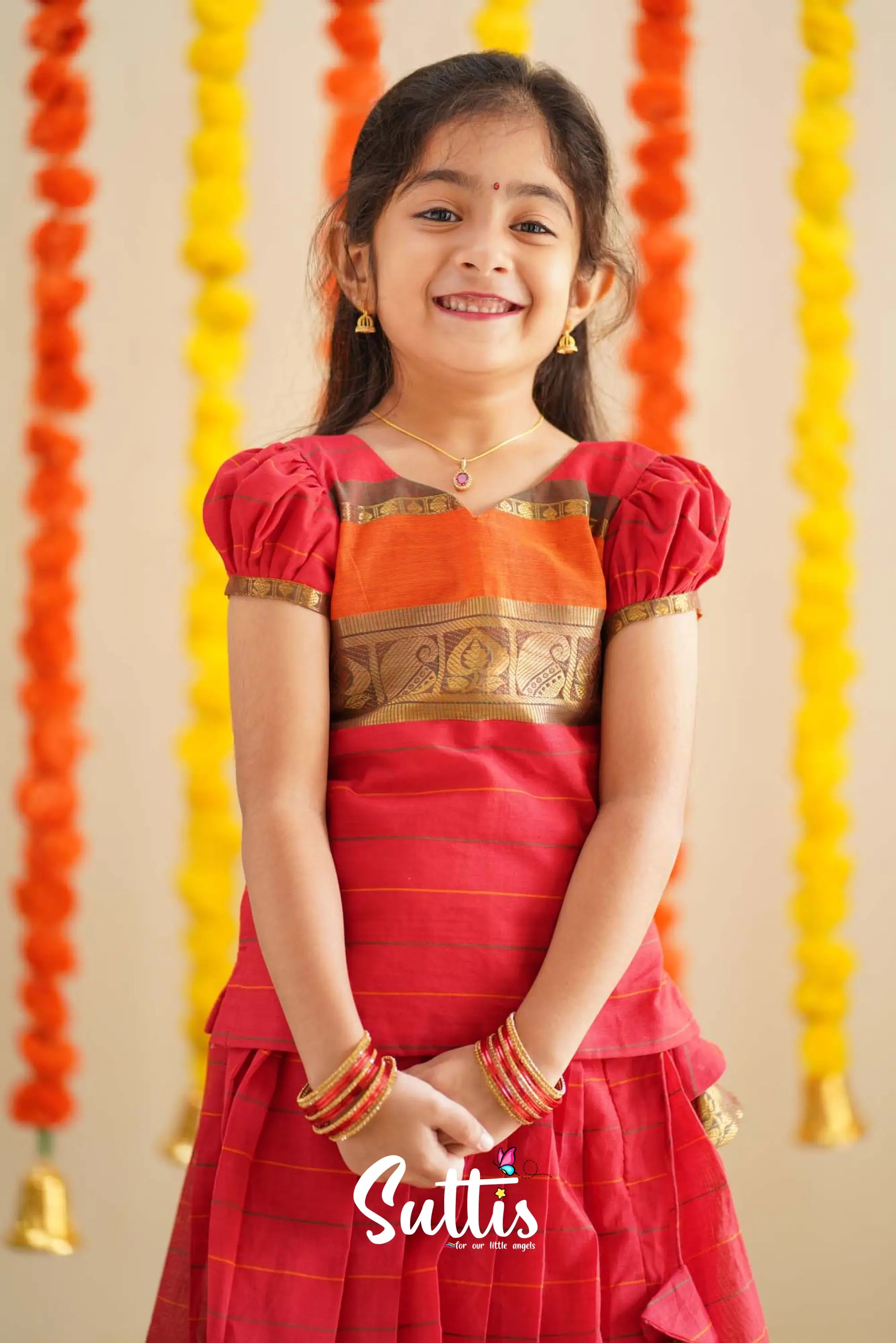 Padmaja - Red And Orange Handloom Cotton Pavadai Sattai Kids-Suttis