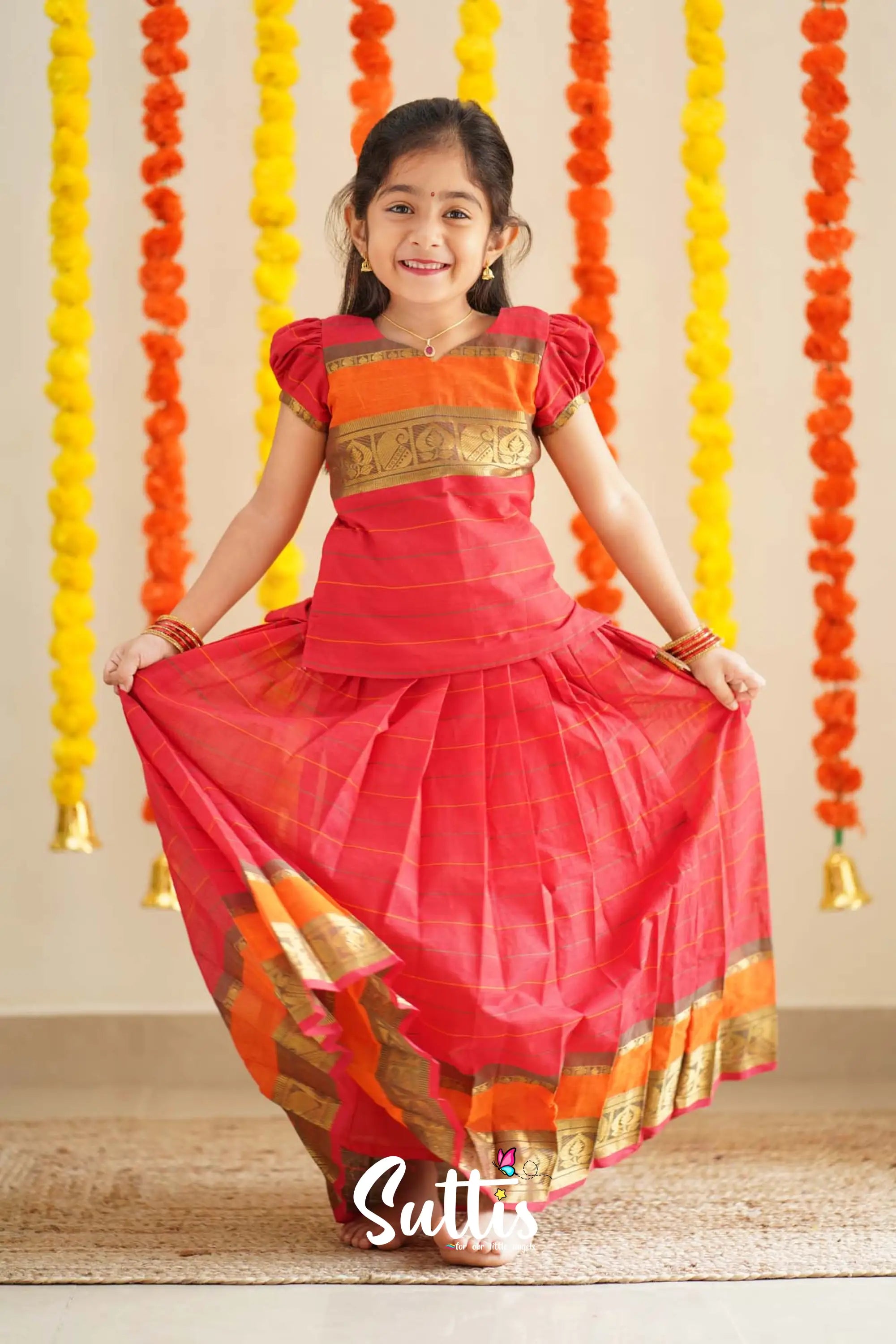 Padmaja - Red And Orange Handloom Cotton Pavadai Sattai Kids-Suttis