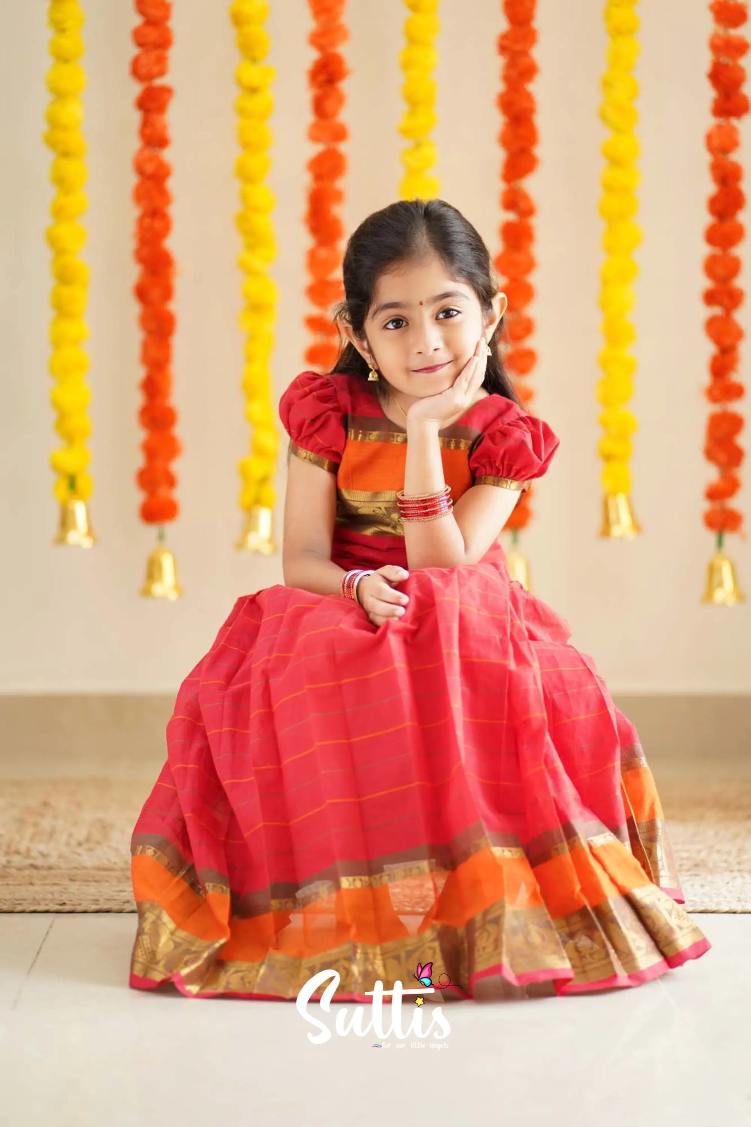 Padmaja - Red And Orange Handloom Cotton Pavadai Sattai Kids-Suttis