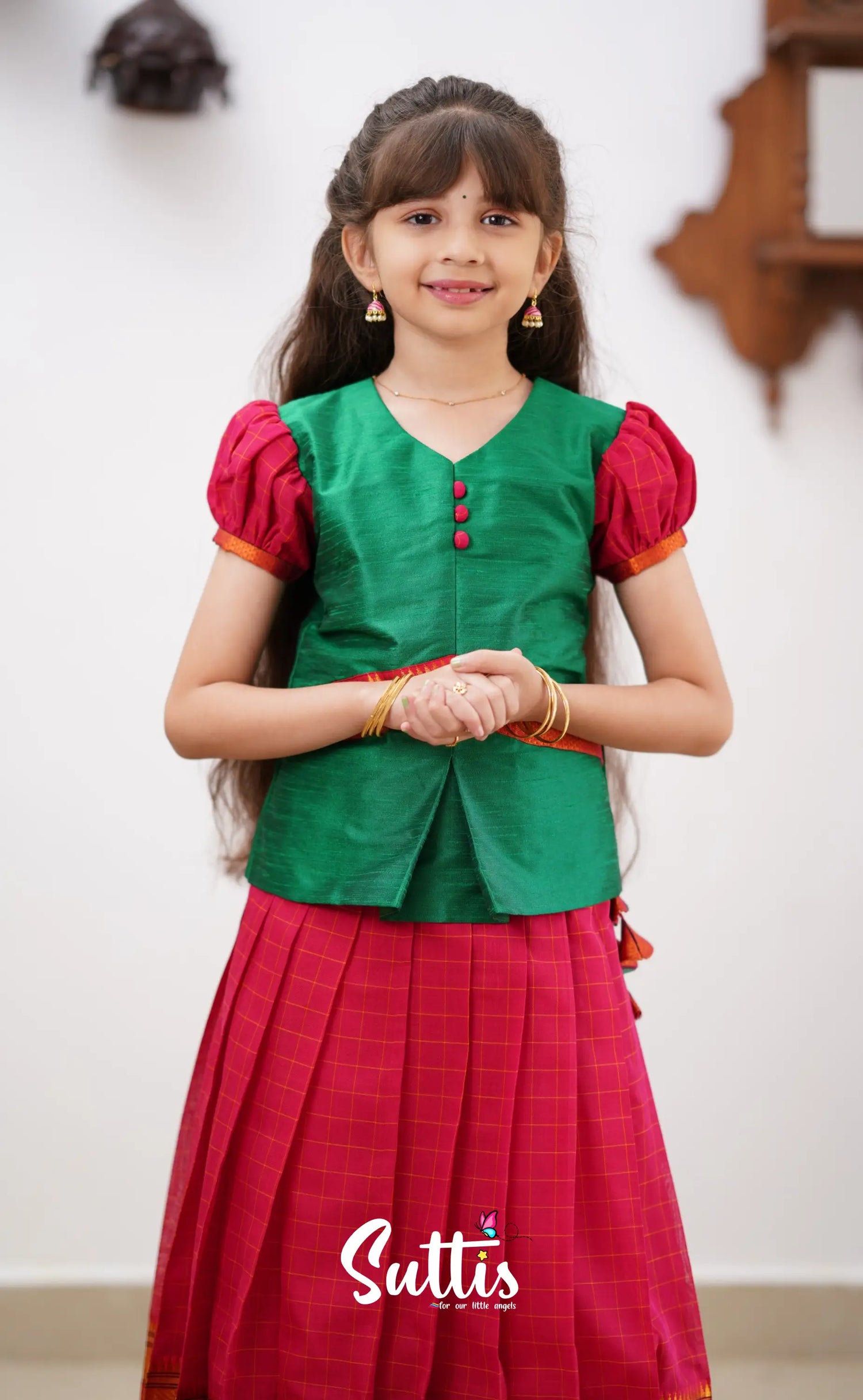 Padmaja - Red Shade And Green Tone Cotton Pavadai Sattai Kids-Suttis