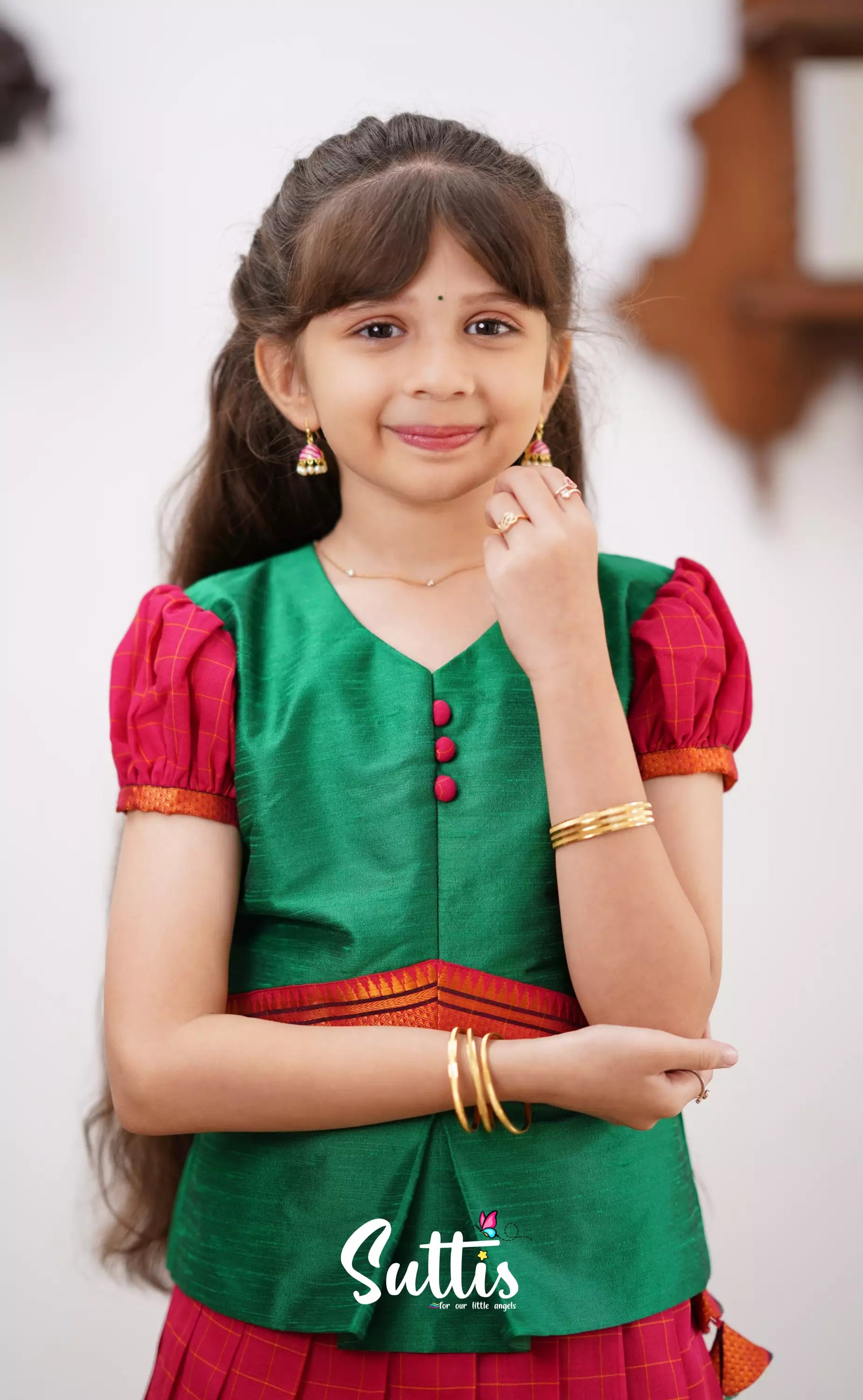 Padmaja - Red Shade And Green Tone Cotton Pavadai Sattai Kids-Suttis