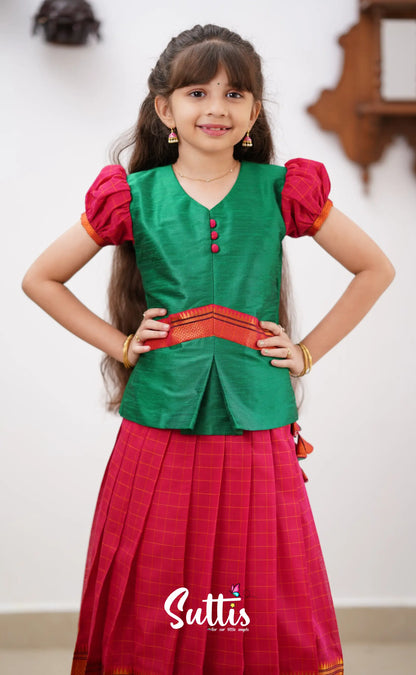 Padmaja - Red Shade And Green Tone Cotton Pavadai Sattai Kids-Suttis