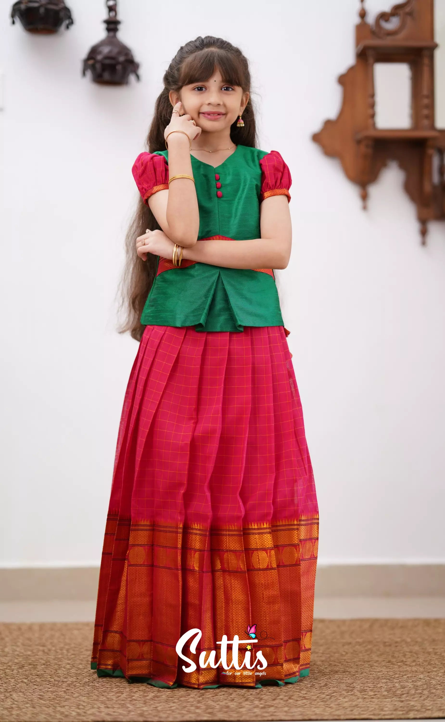 Padmaja - Red Shade And Green Tone Cotton Pavadai Sattai Kids-Suttis