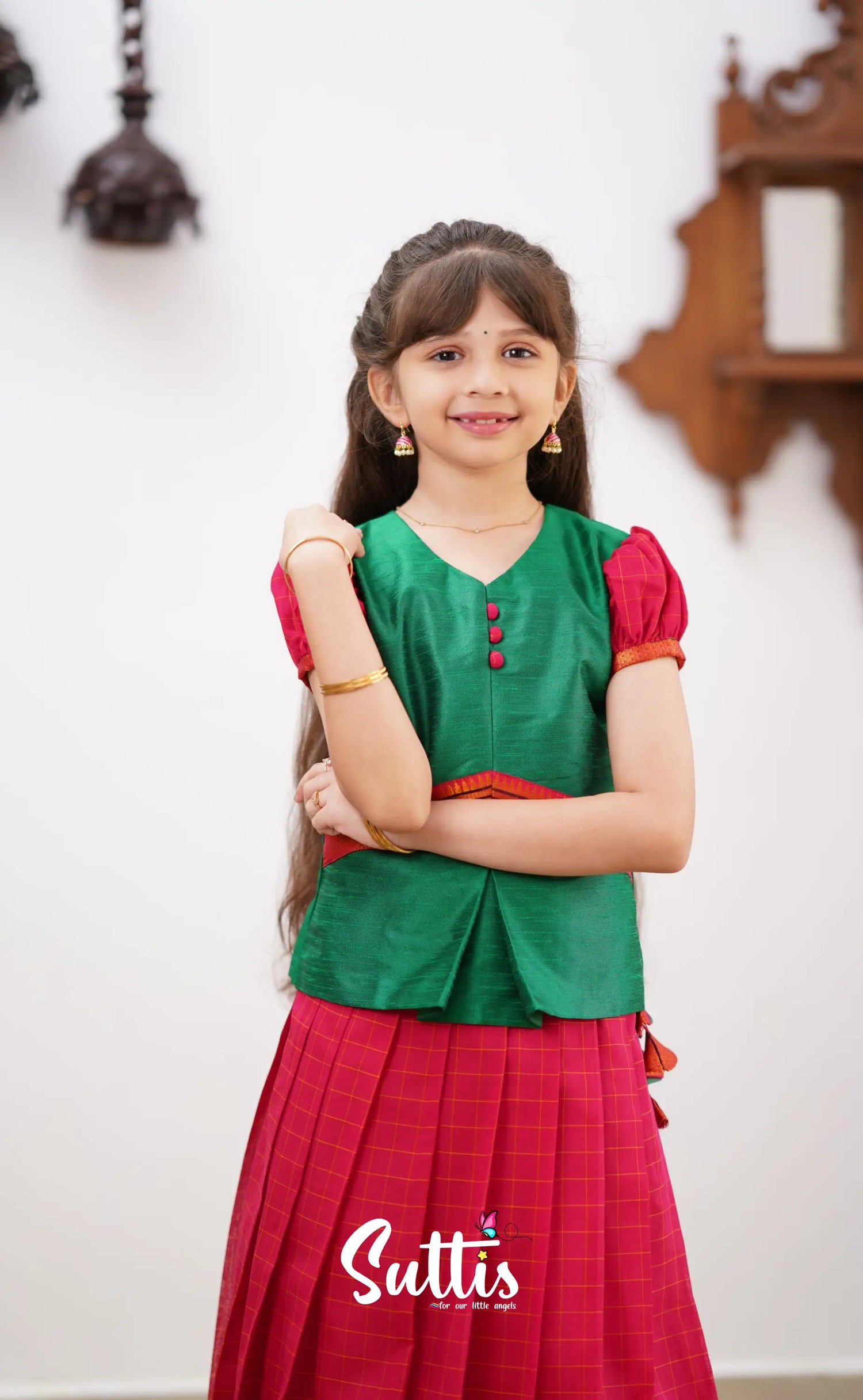 Padmaja - Red Shade And Green Tone Cotton Pavadai Sattai Kids-Suttis