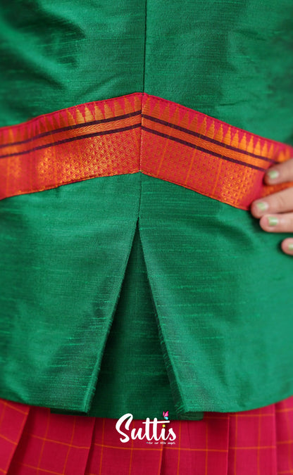 Padmaja - Red Shade And Green Tone Cotton Pavadai Sattai Kids-Suttis