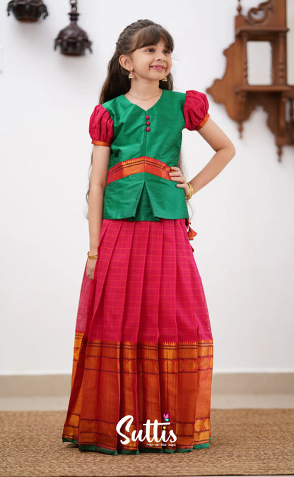 Padmaja - Red Shade And Green Tone Cotton Pavadai Sattai Kids-Suttis