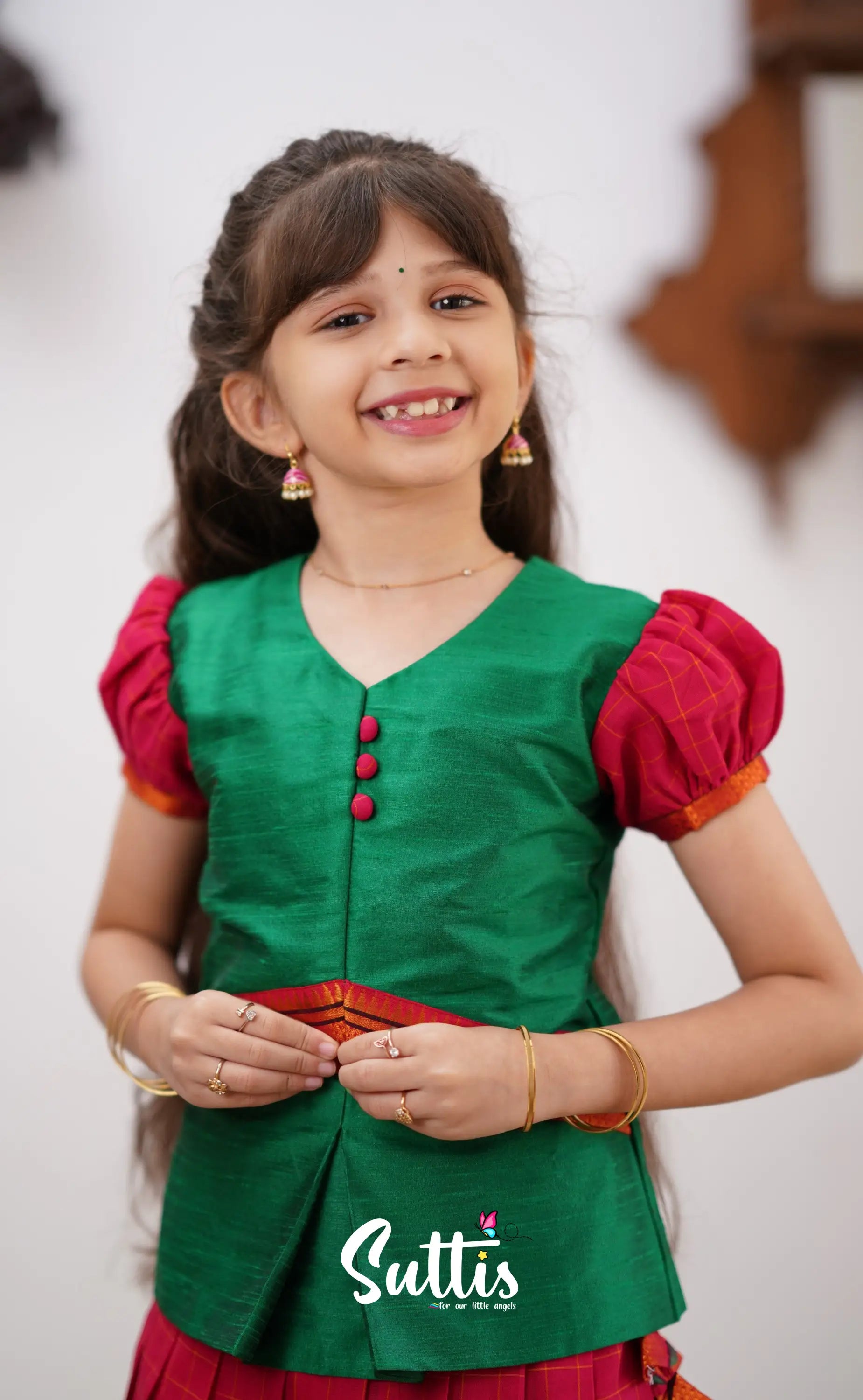 Padmaja - Red Shade And Green Tone Cotton Pavadai Sattai Kids-Suttis