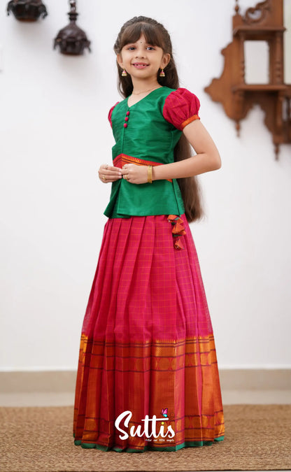 Padmaja - Red Shade And Green Tone Cotton Pavadai Sattai Kids-Suttis