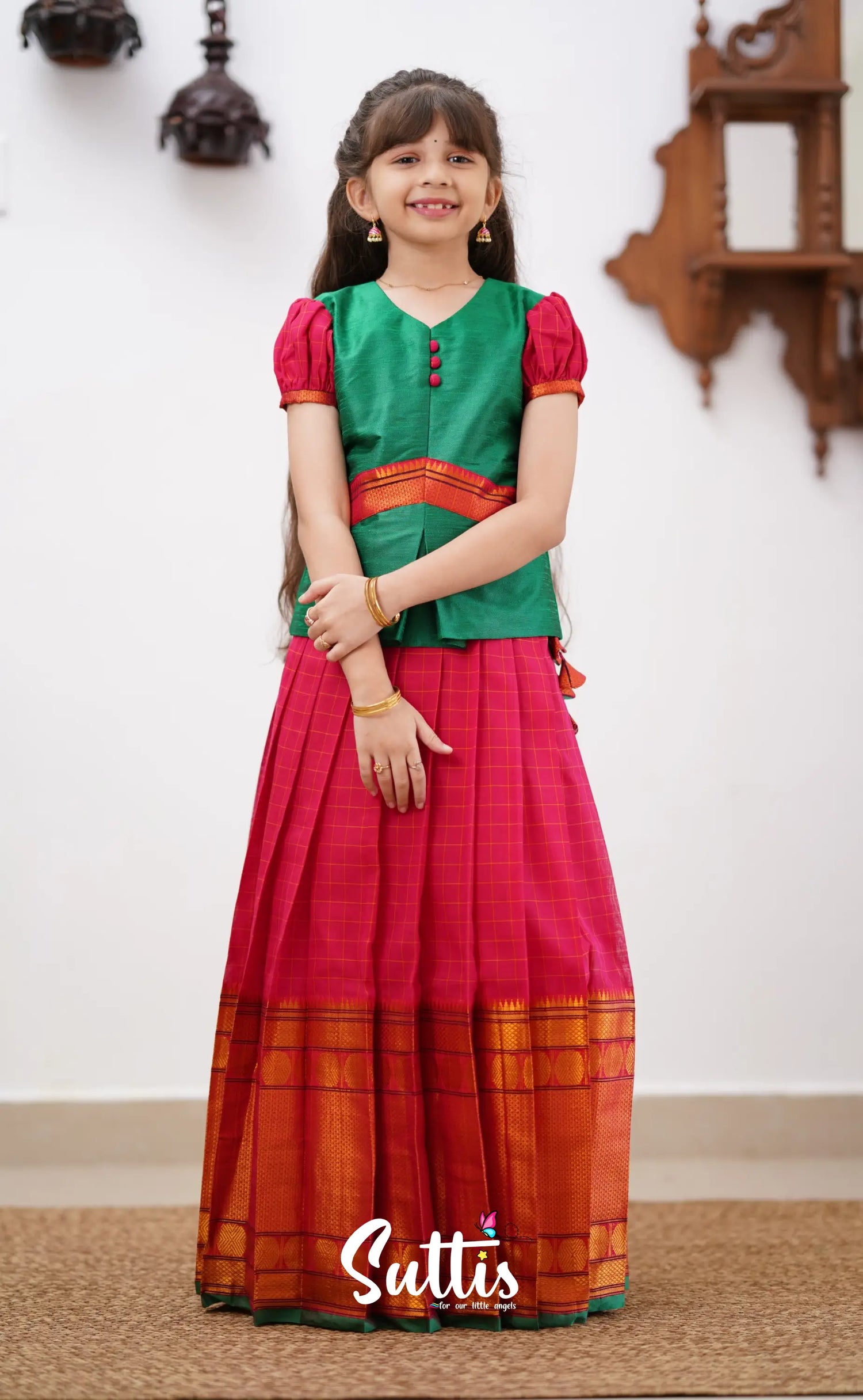 Padmaja - Red Shade And Green Tone Cotton Pavadai Sattai Kids-Suttis