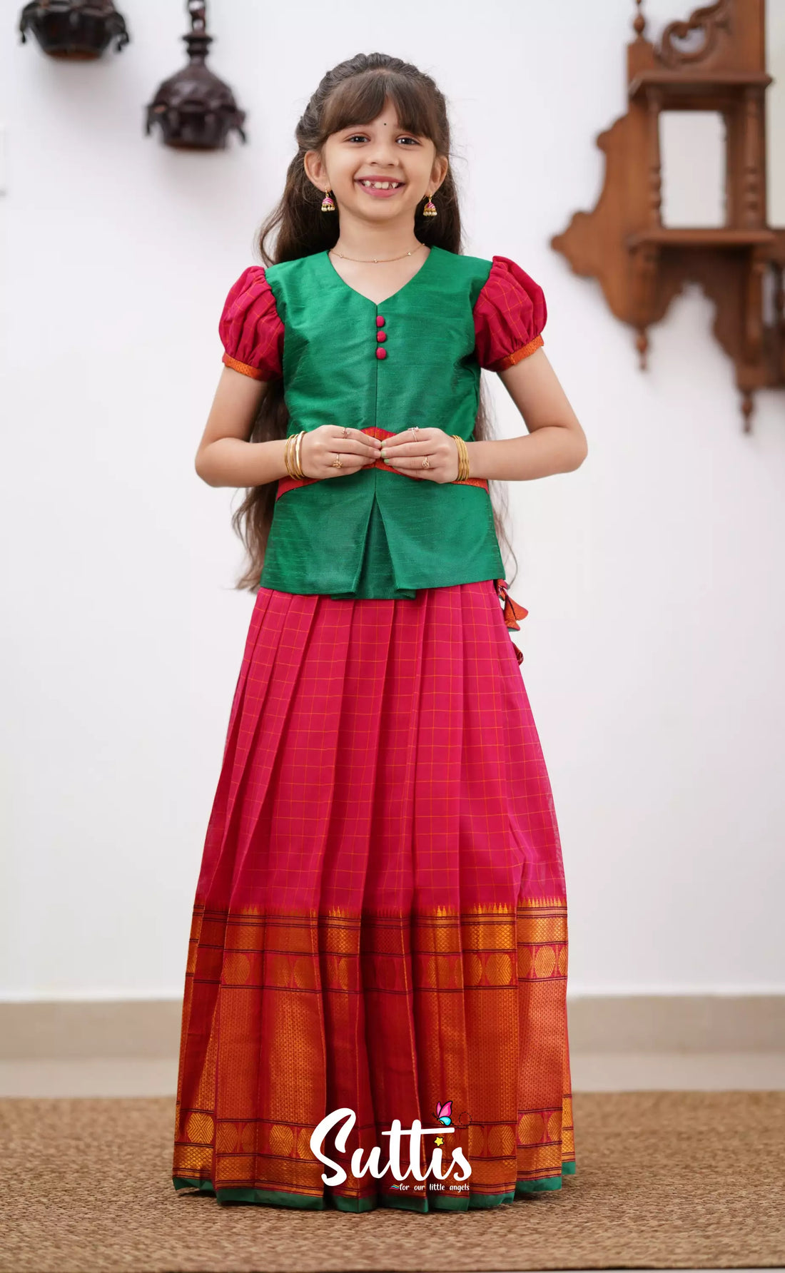 Padmaja - Red Shade And Green Tone Cotton Pavadai Sattai Kids-Suttis