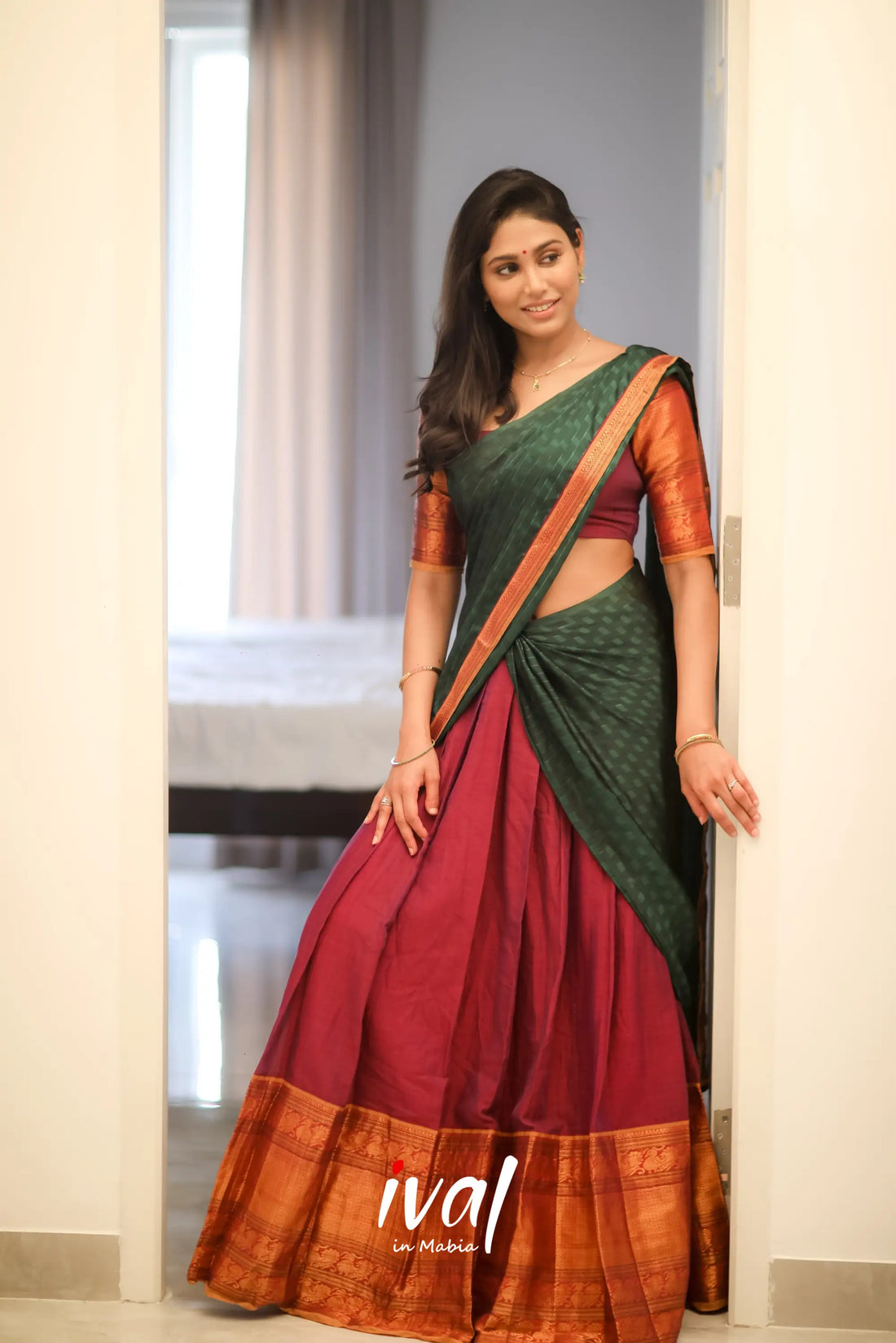 Padmaja - Reddish Maroon And Bottle Green Cotton Halfsaree Half Sarees