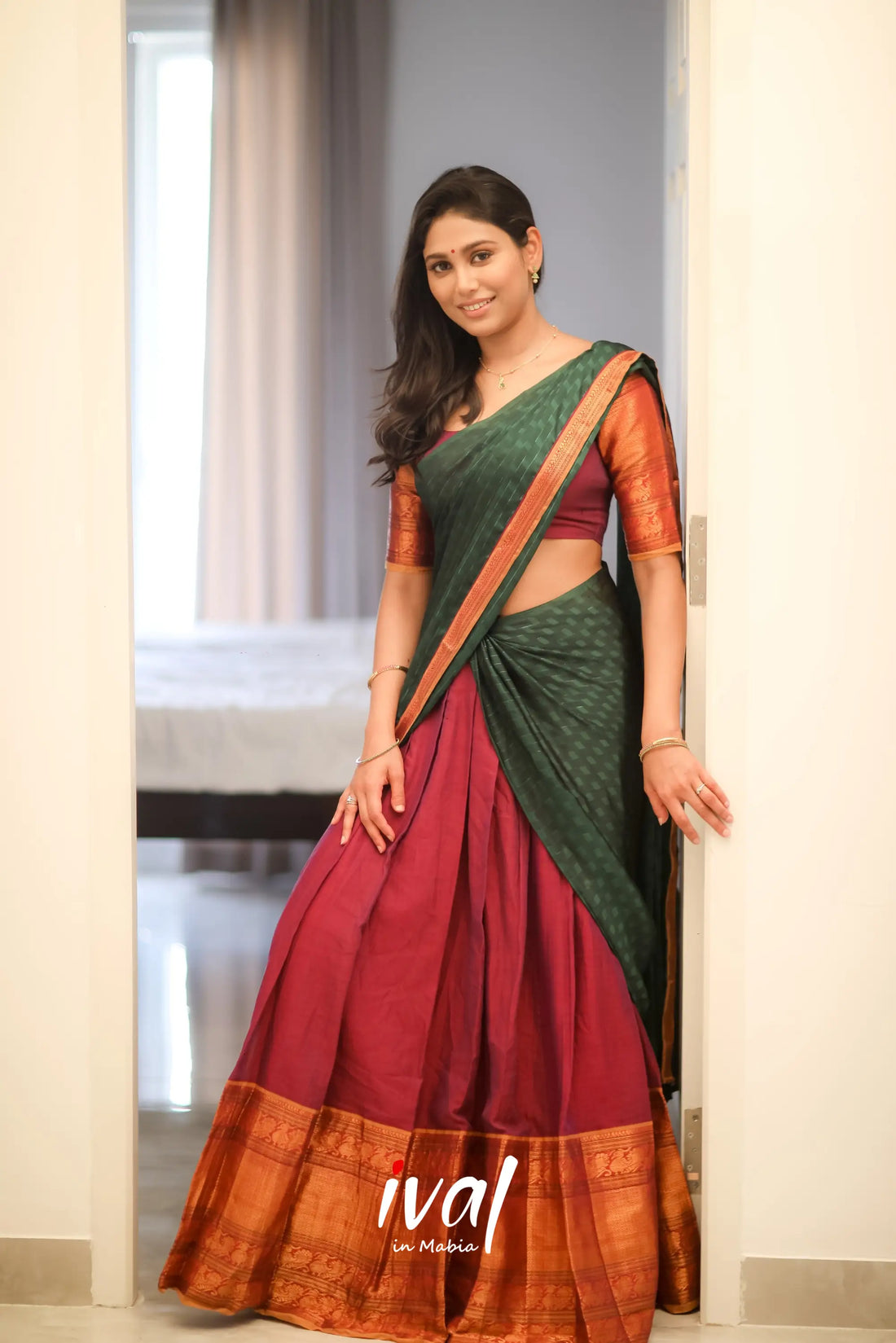 Padmaja - Reddish Maroon And Bottle Green Cotton Halfsaree Half Sarees