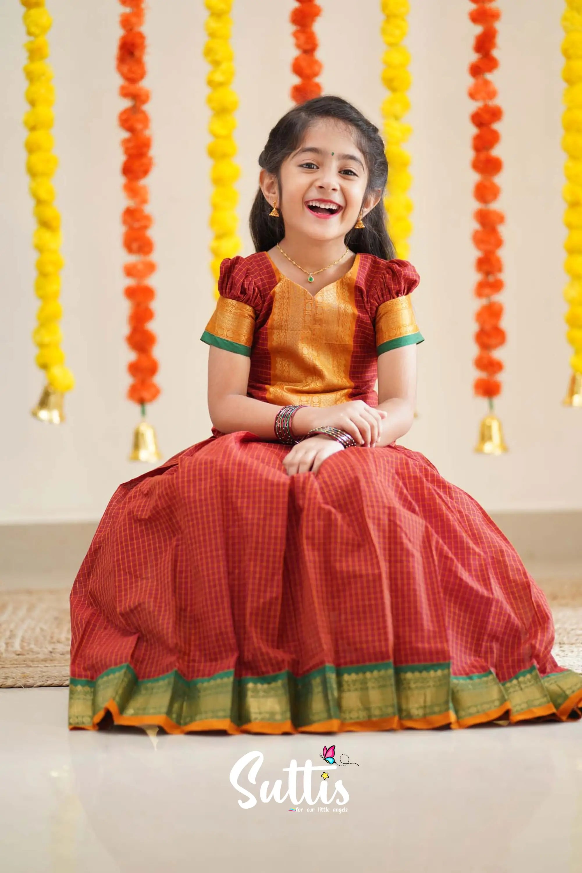 Padmaja - Reddish Maroon And Mistard Handloom Cotton Pavadai Sattai Kids-Suttis