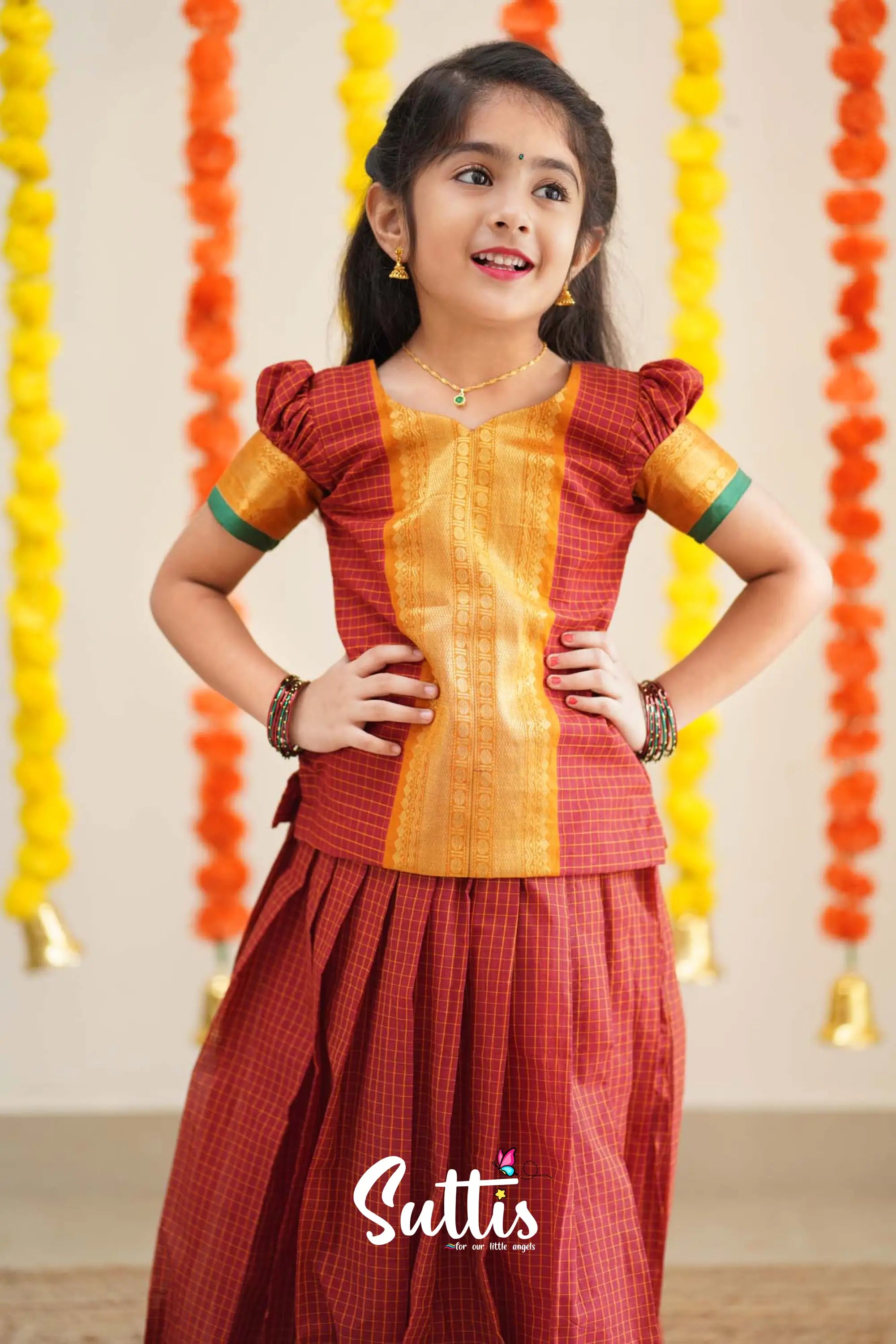 Padmaja - Reddish Maroon And Mistard Handloom Cotton Pavadai Sattai Kids-Suttis