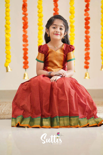 Padmaja - Reddish Maroon And Mistard Handloom Cotton Pavadai Sattai Kids-Suttis