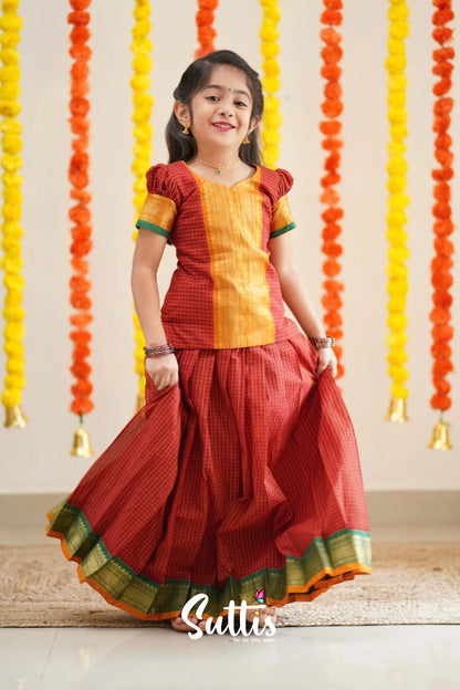 Padmaja - Reddish Maroon And Mistard Handloom Cotton Pavadai Sattai Kids-Suttis