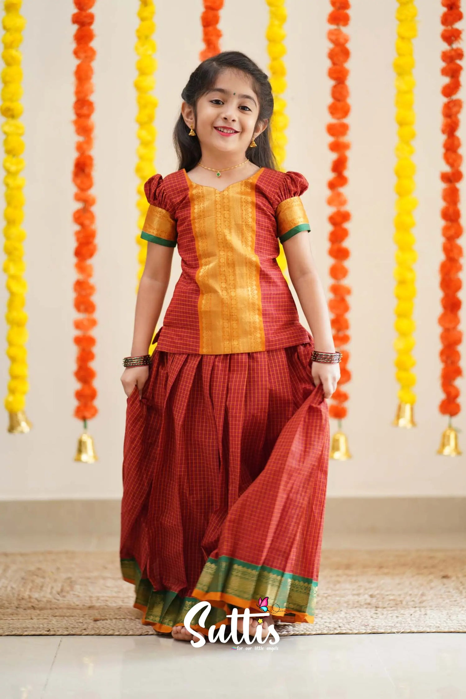 Padmaja - Reddish Maroon And Mistard Handloom Cotton Pavadai Sattai Kids-Suttis