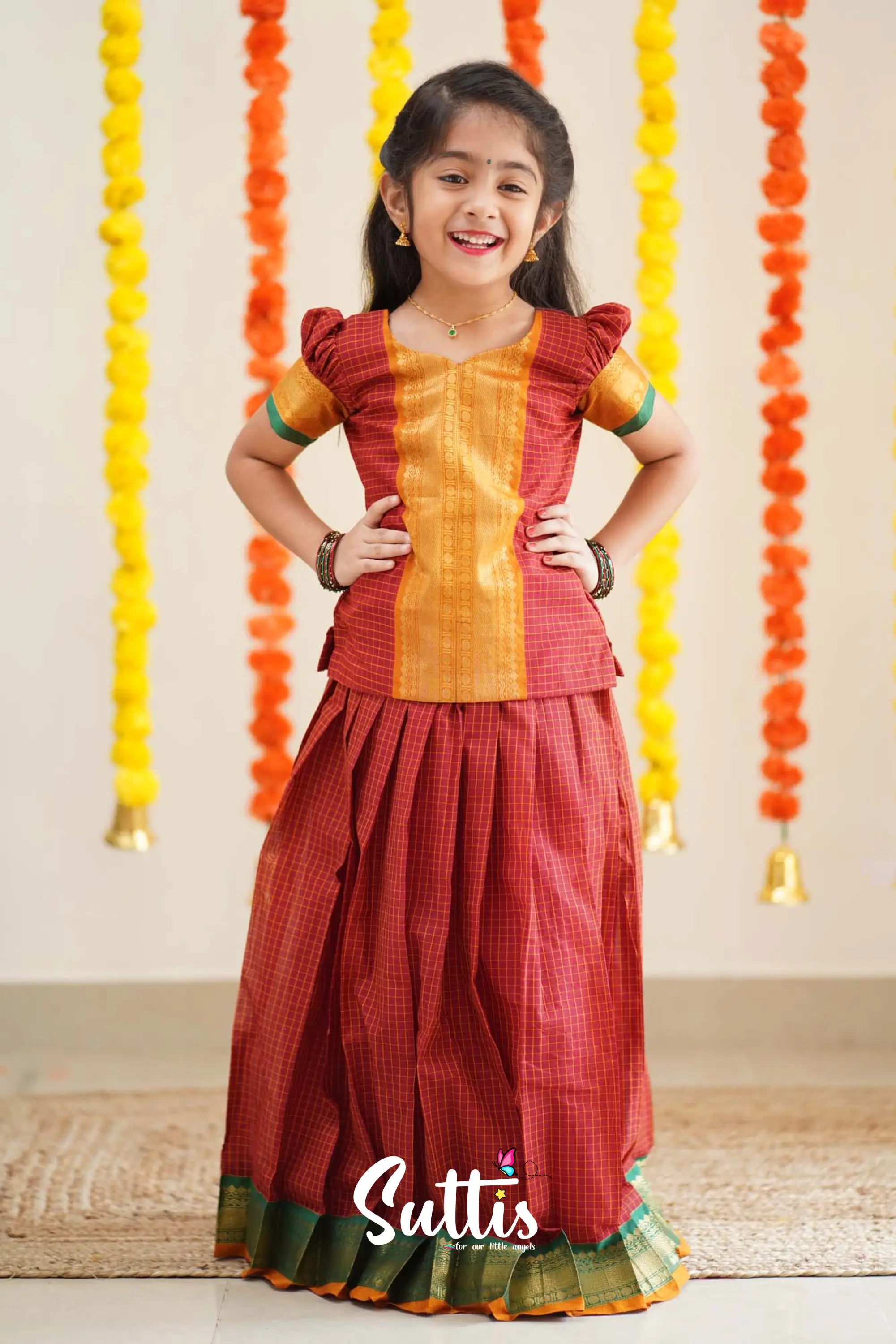 Padmaja - Reddish Maroon And Mistard Handloom Cotton Pavadai Sattai Kids-Suttis