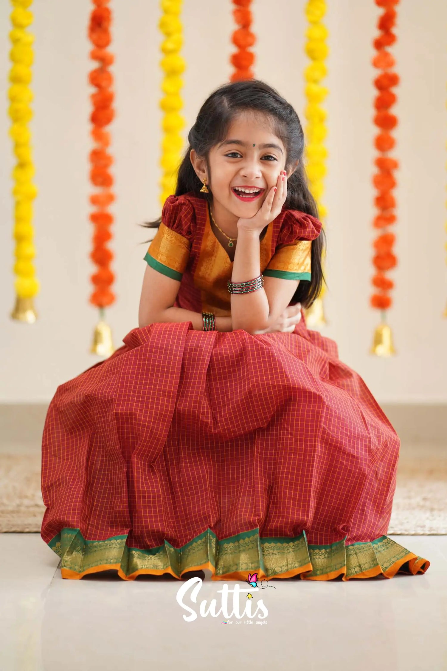 Padmaja - Reddish Maroon And Mistard Handloom Cotton Pavadai Sattai Kids-Suttis