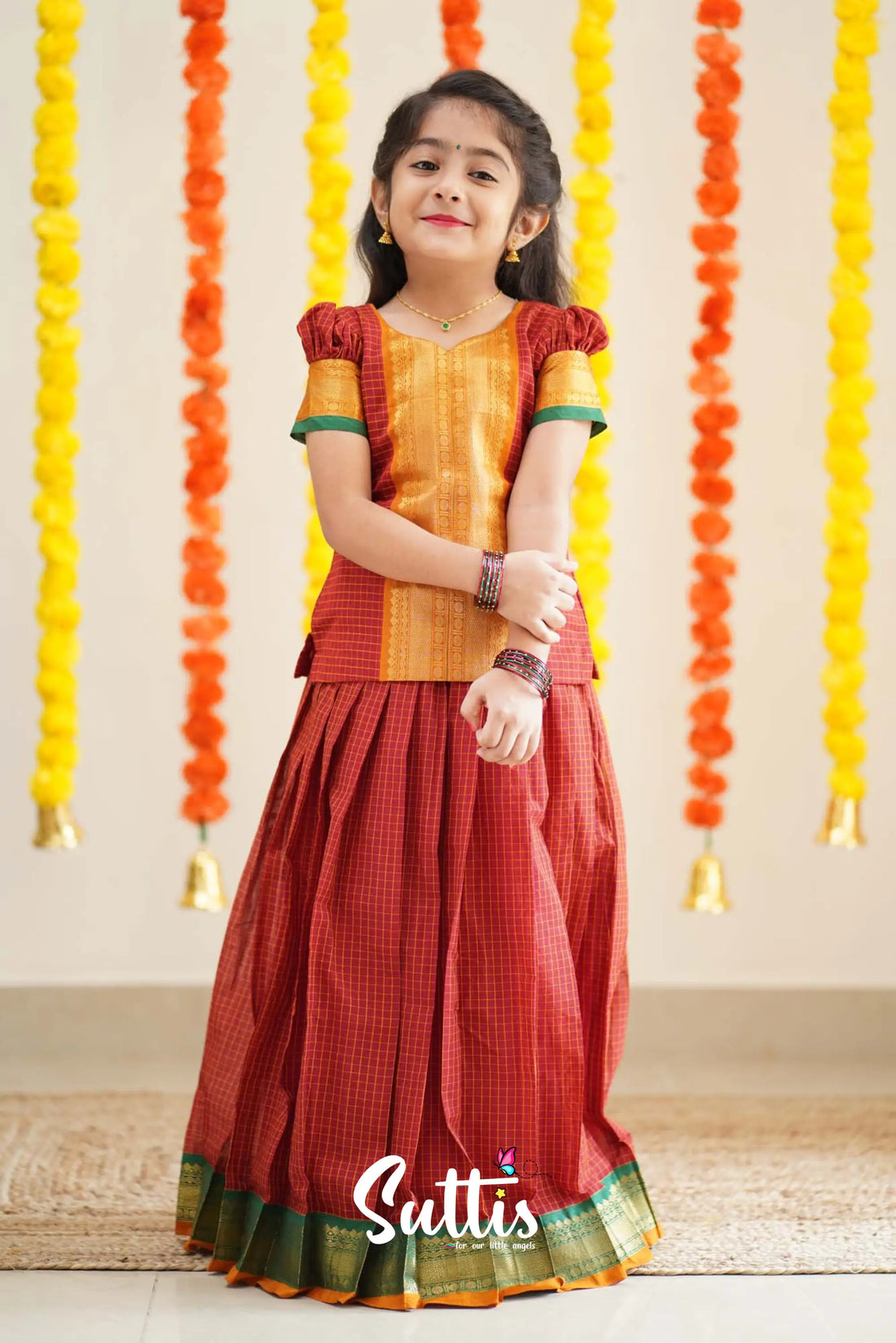 Padmaja - Reddish Maroon And Mistard Handloom Cotton Pavadai Sattai Kids-Suttis