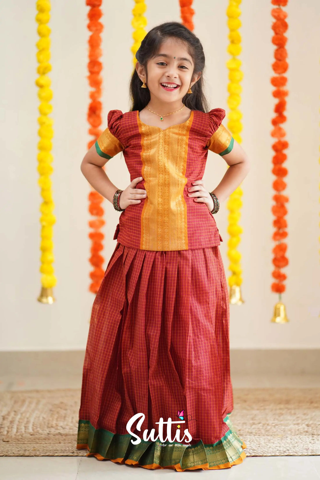 Padmaja - Reddish Maroon And Mistard Handloom Cotton Pavadai Sattai Kids-Suttis