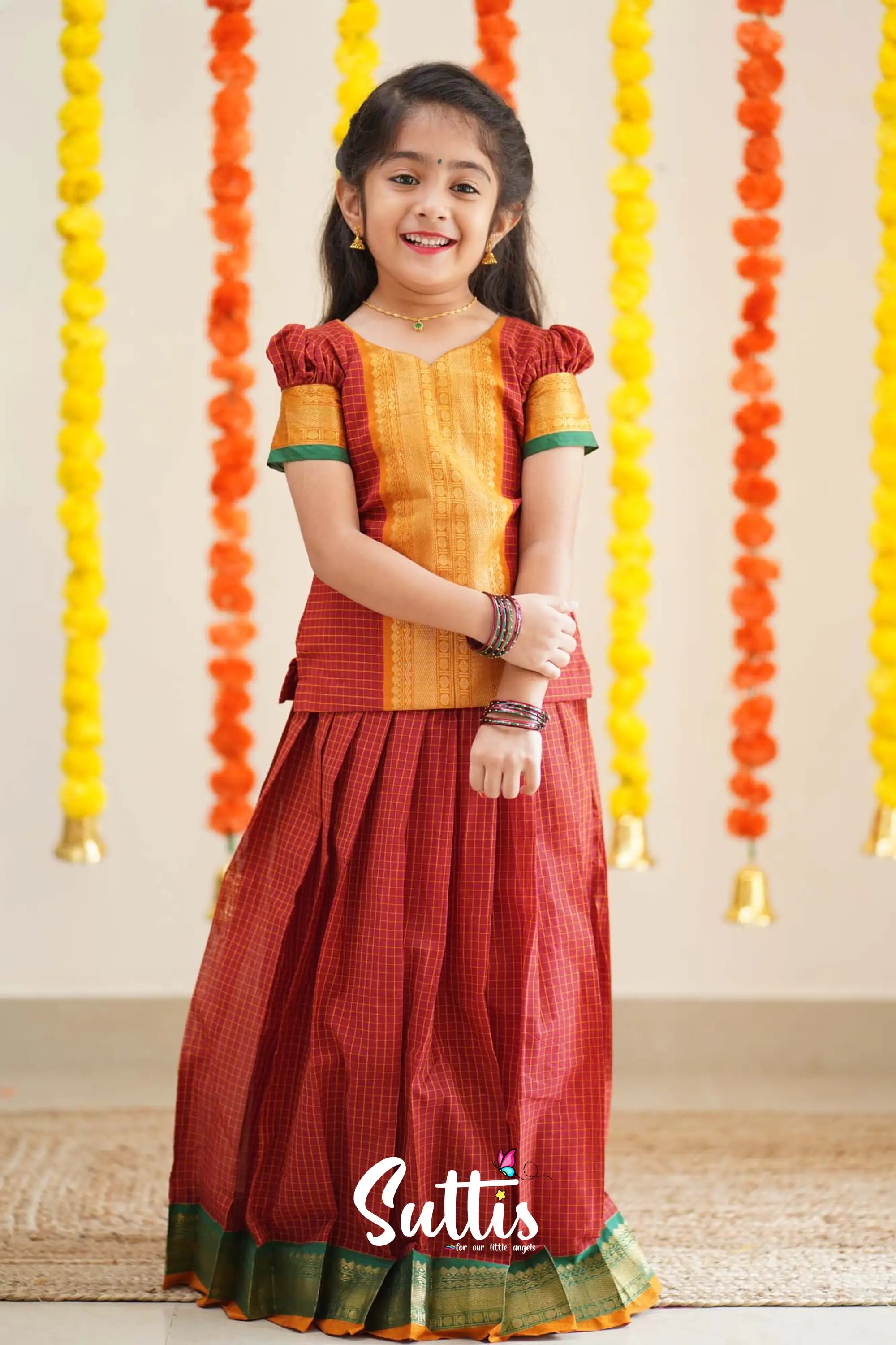 Padmaja - Reddish Maroon And Mistard Handloom Cotton Pavadai Sattai Kids-Suttis