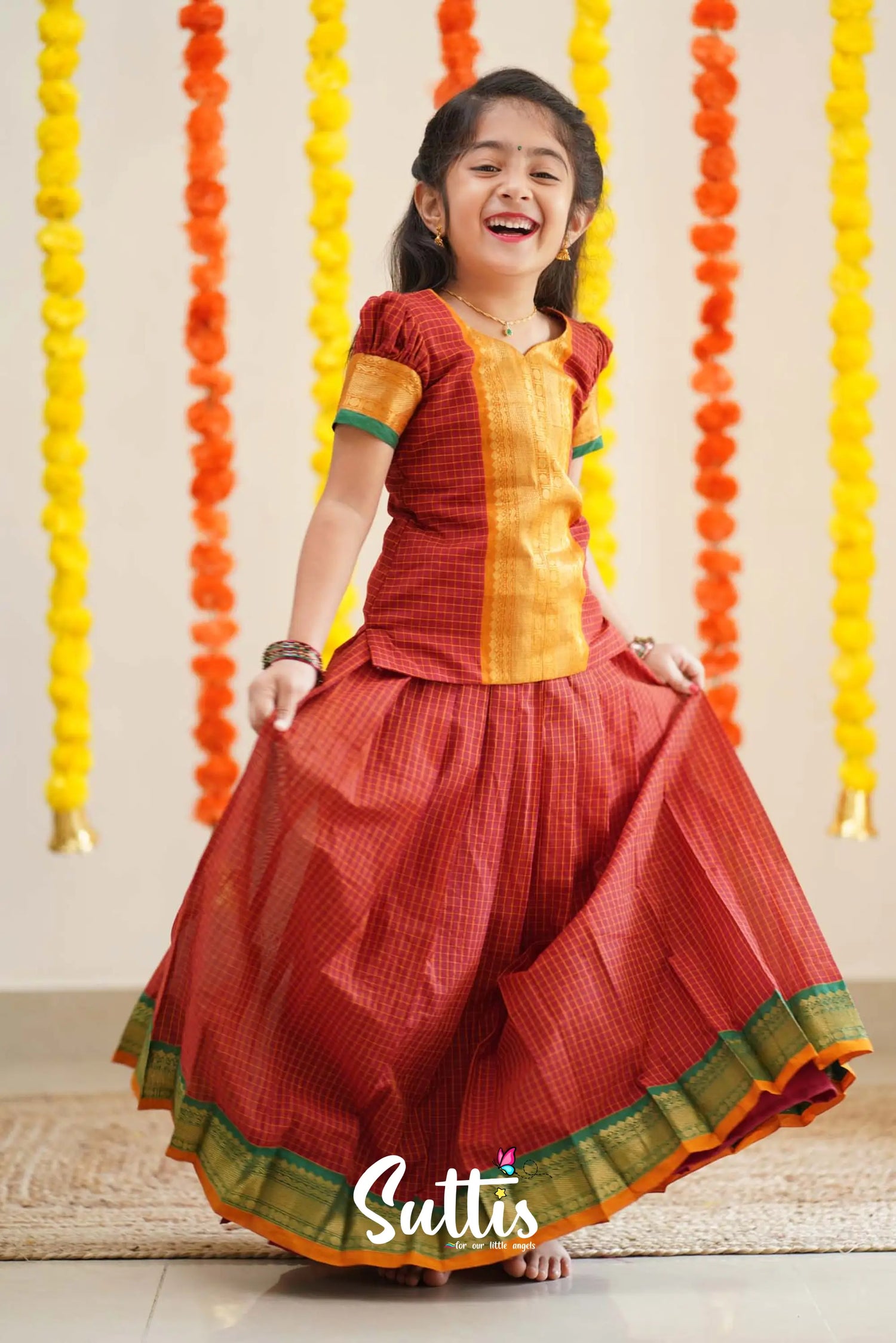 Padmaja - Reddish Maroon And Mistard Handloom Cotton Pavadai Sattai Kids-Suttis