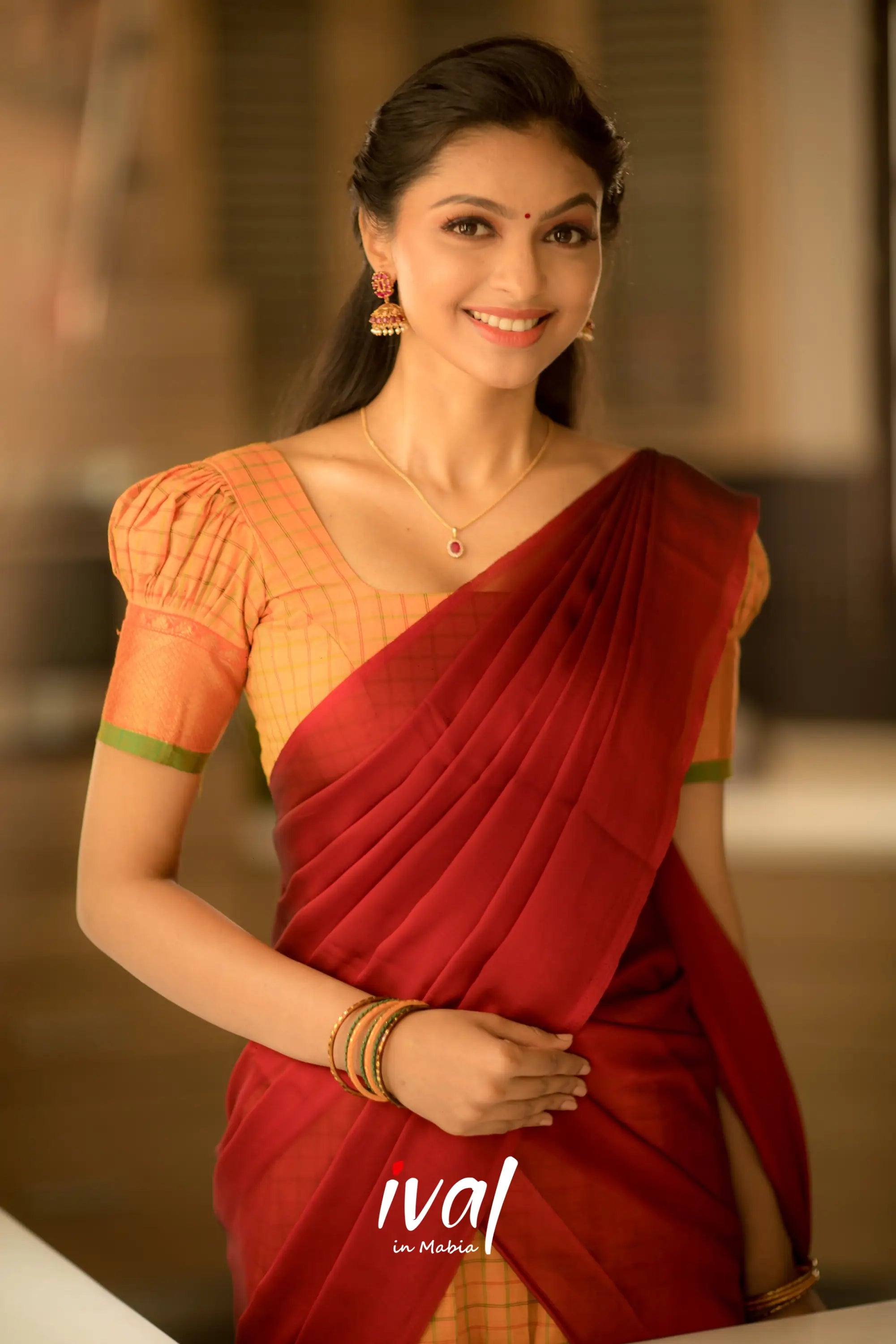 Padmaja - Reddish Maroon And Yellow Ochre Cotton Halfsaree Half Sarees